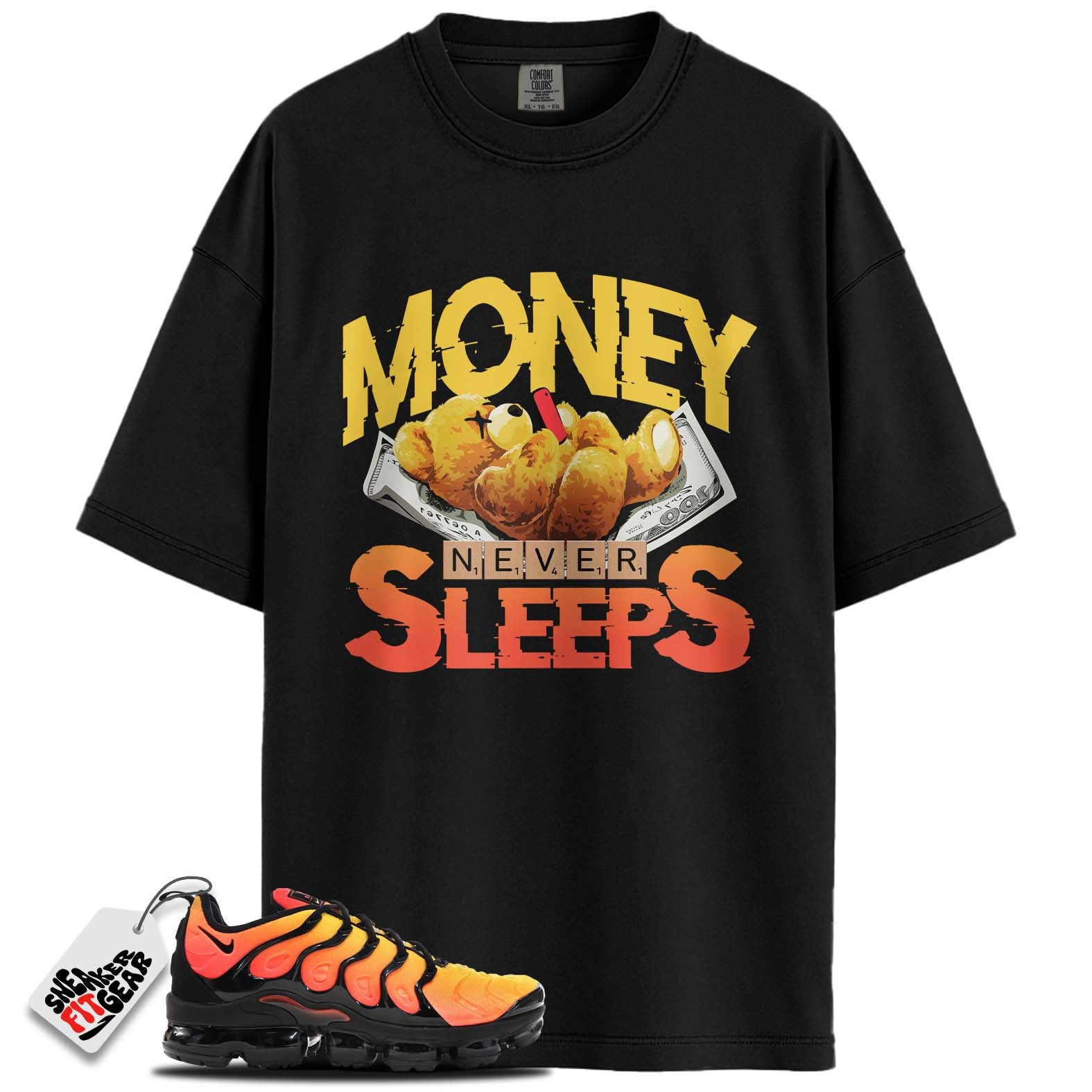 Air VaporMax Plus Black Orange Crimson Match Shirts, MONEY NEVER SLEEPS To Match Air VaporMax Plus Black Orange Crimson
