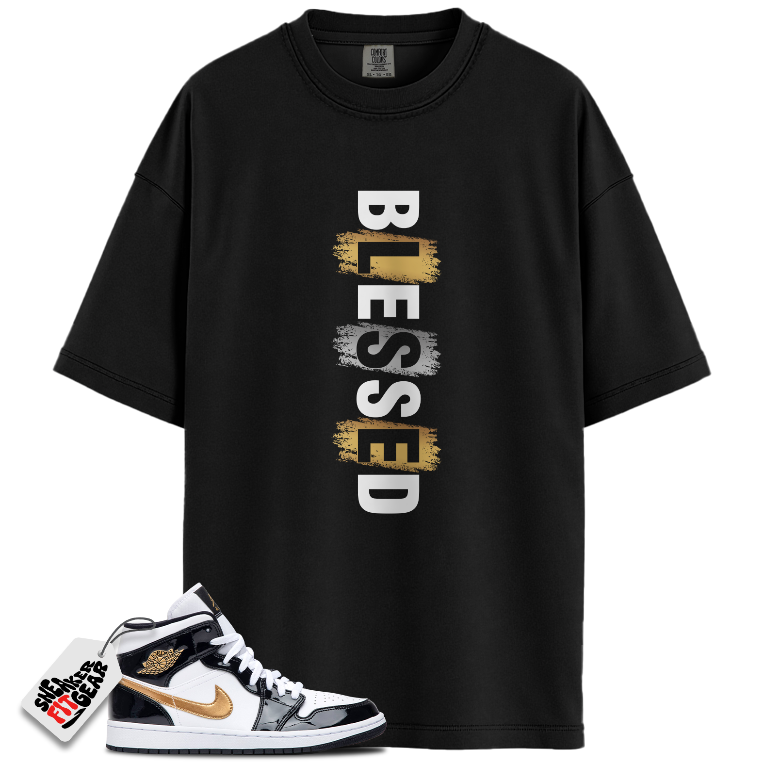 Jordan 1 Mid Patent Black White Gold Match Shirts, Blessed Tee To Match Jordan 1 Mid Patent Black White Gold