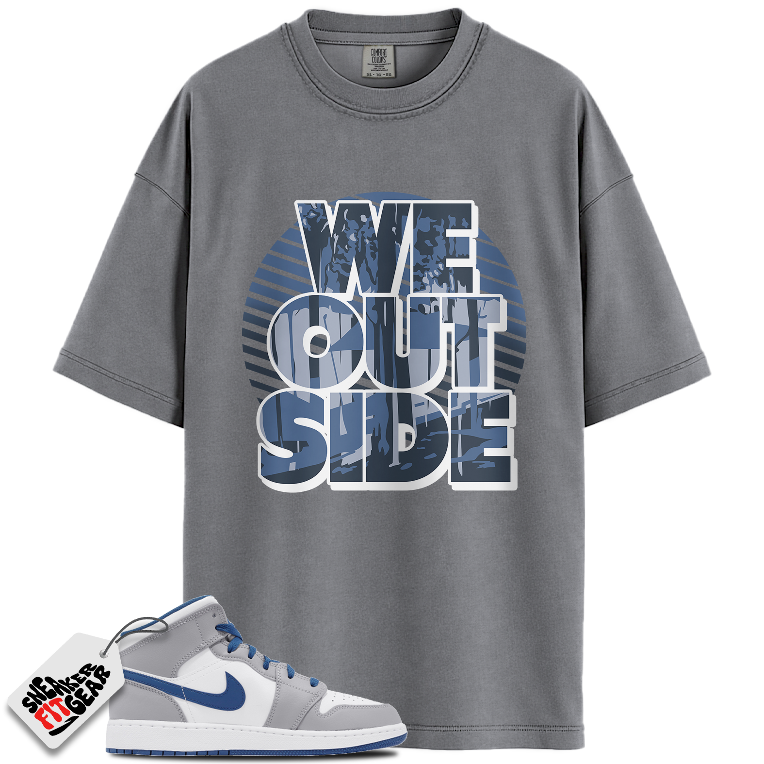 Jordan 1 Mid True Blue Cement Match Shirts, We Outside To Match Jordan 1 Mid True Blue Cement Main image