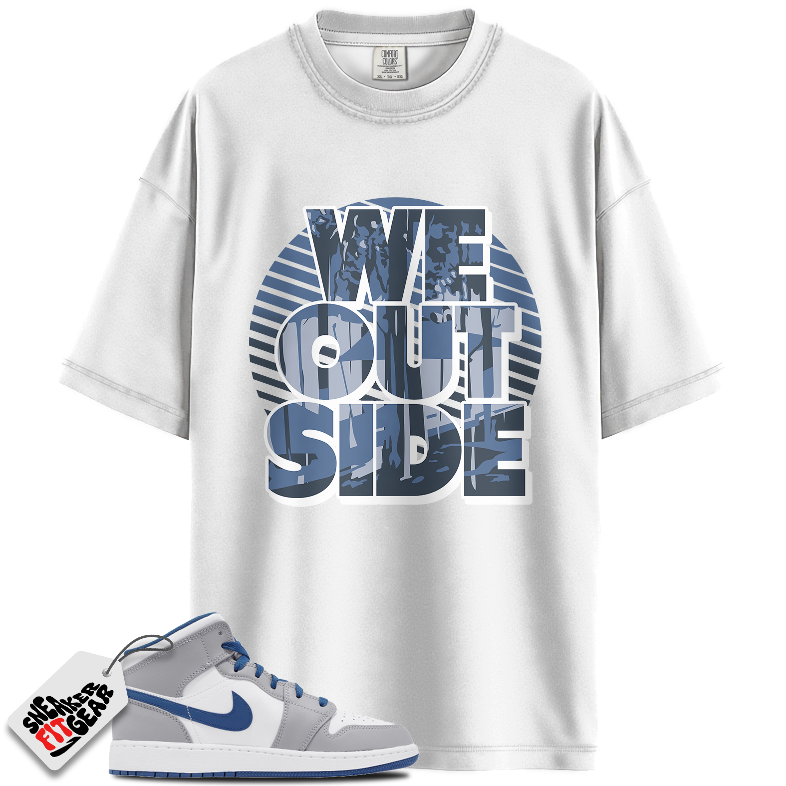 Jordan 1 Mid True Blue Cement Match Shirts, We Outside To Match Jordan 1 Mid True Blue Cement