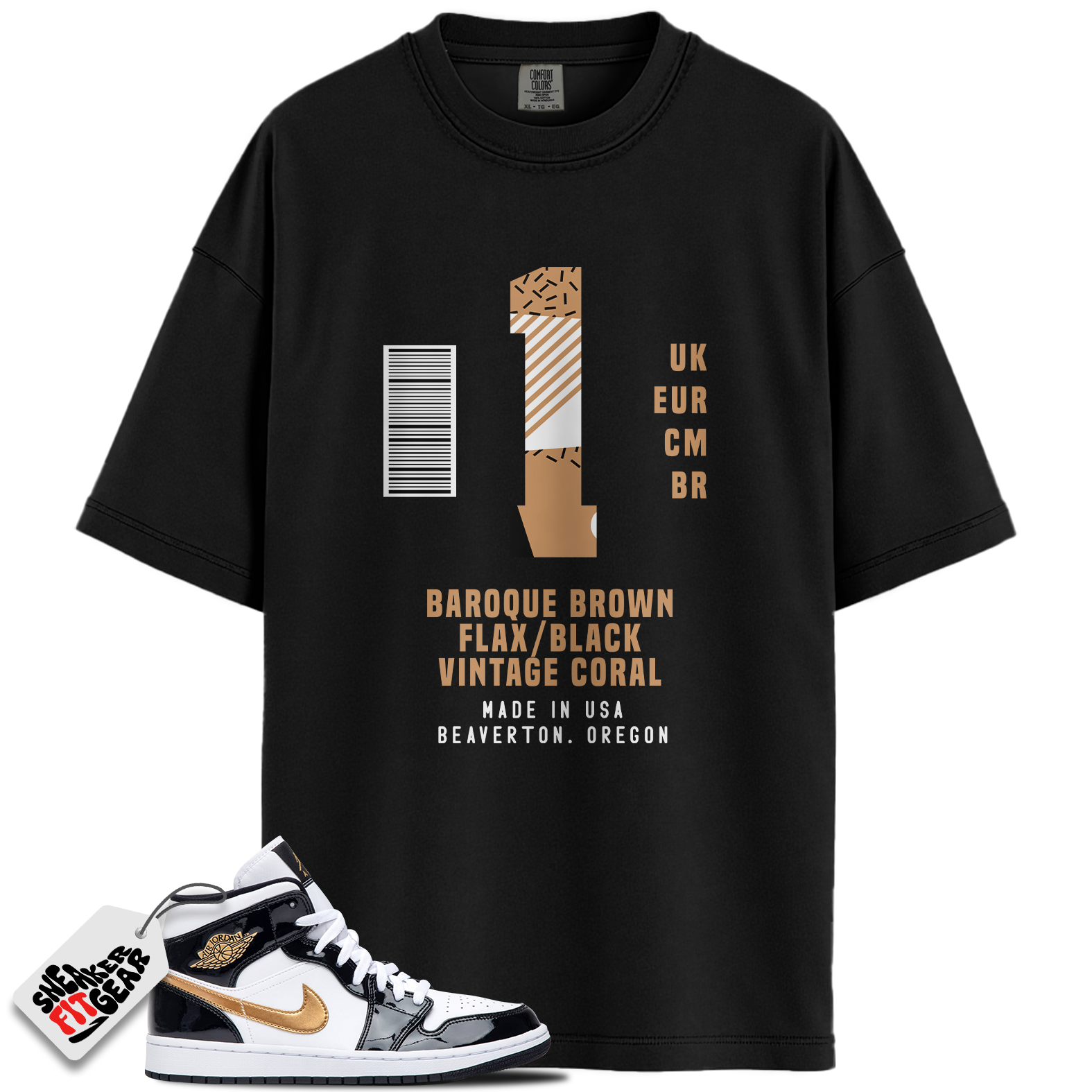 Jordan 1 Mid Patent Black White Gold Match Shirts, Sneaker Label Shirt Brown To Match Jordan 1 Mid Patent Black White Gold
