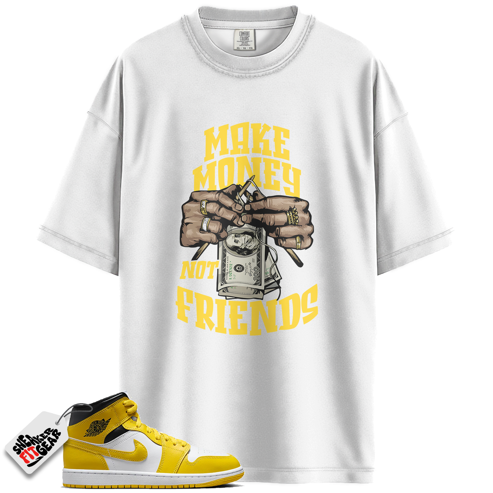Women's Jordan 1 Mid Vivid Sulfur Match Shirts, Make Money Not Friends To Match Women's Jordan 1 Mid Vivid Sulfur Main image
