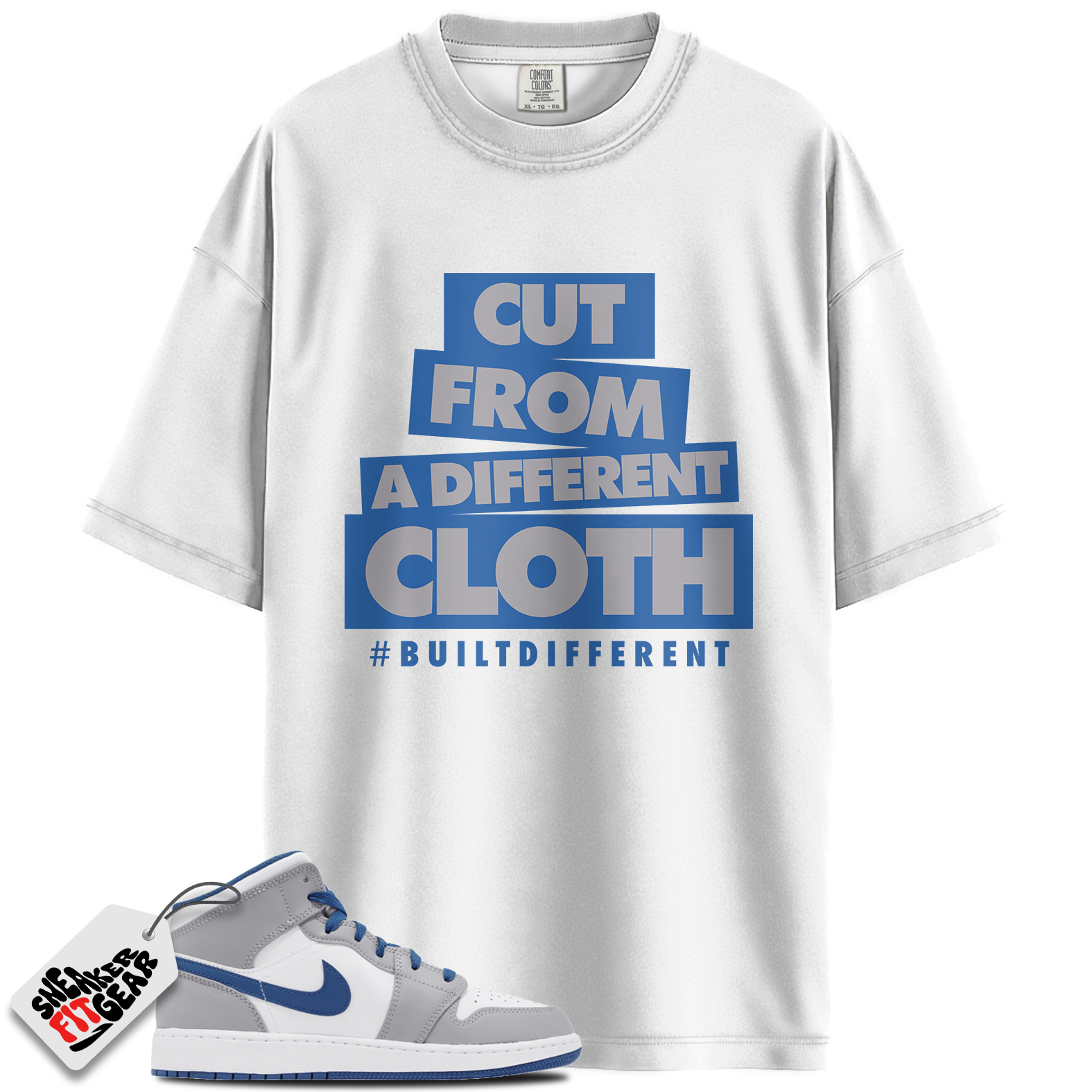 Jordan 1 Mid True Blue Cement Match Shirts, Cut From A Different Cloth To Match  Jordan 1 Mid True Blue Cement Main image