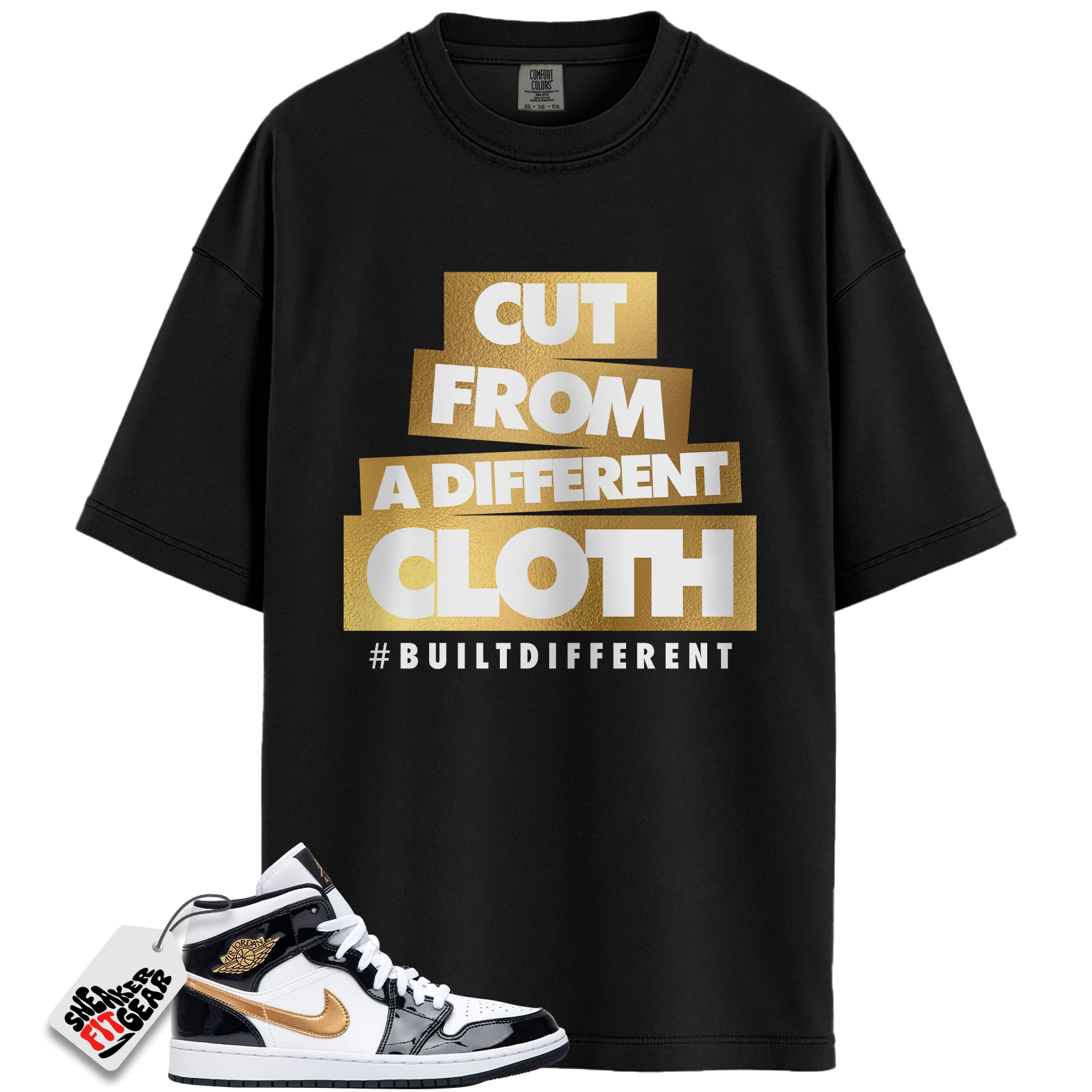 Jordan 1 Mid Patent Black White Gold Match Shirts, Cut From A Different Cloth To Match Jordan 1 Mid Patent Black White Gold Main image