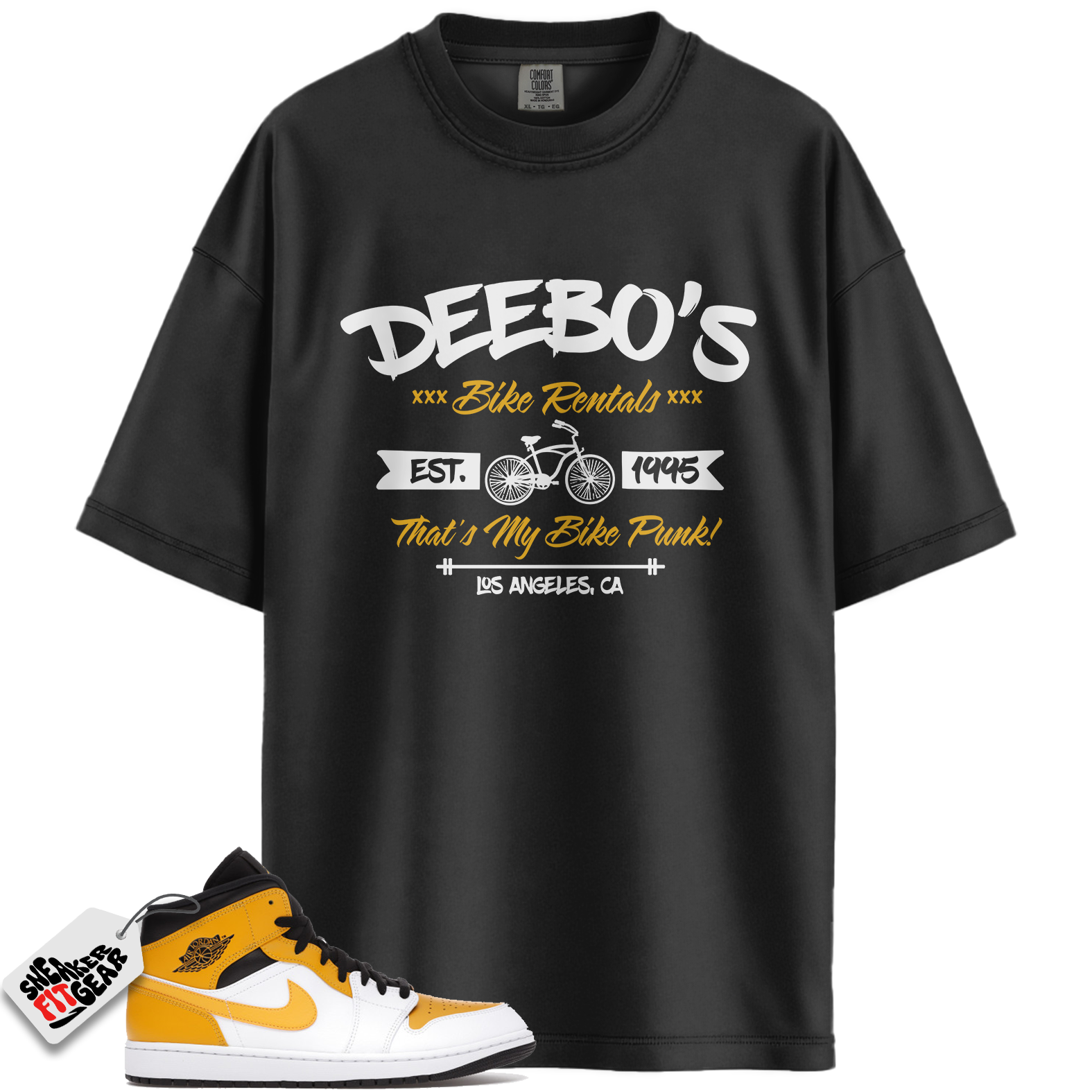 Jordan 1 Mid University Gold Match Shirts, Deebo’s Bike Shop Shirt To Match Jordan 1 Mid University Gold
