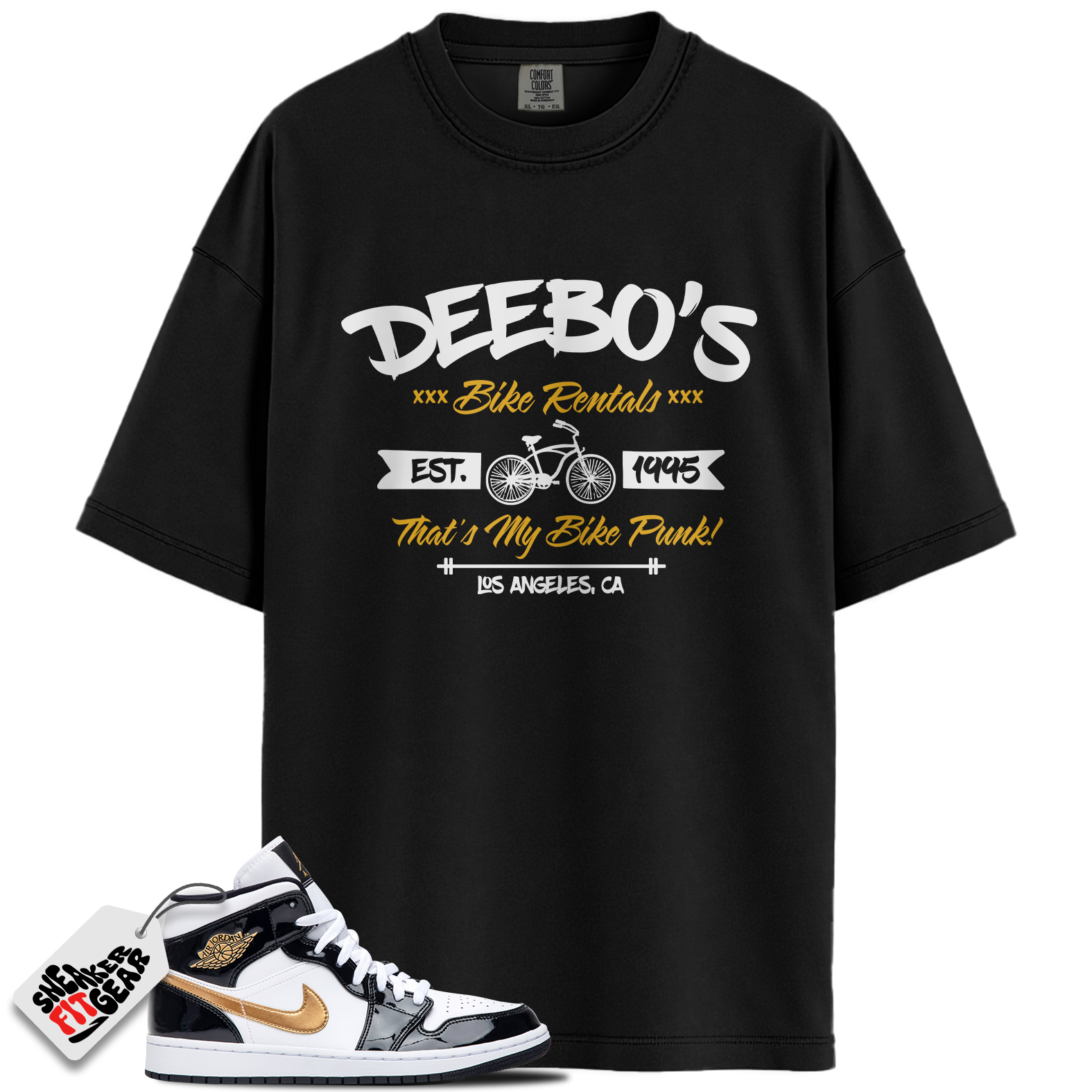 Jordan 1 Mid Patent Black White Gold Match Shirts, Deebo’s Bike Shop Shirt To Match Jordan 1 Mid Patent Black White Gold