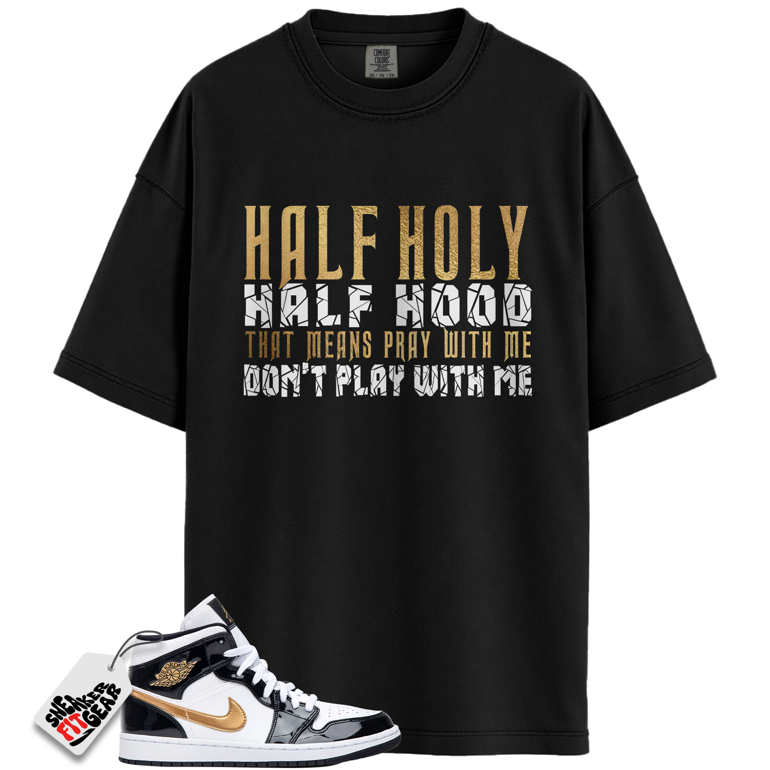 Jordan 1 Mid Patent Black White Gold Match Shirts, Half Holy To Match Jordan 1 Mid Patent Black White Gold