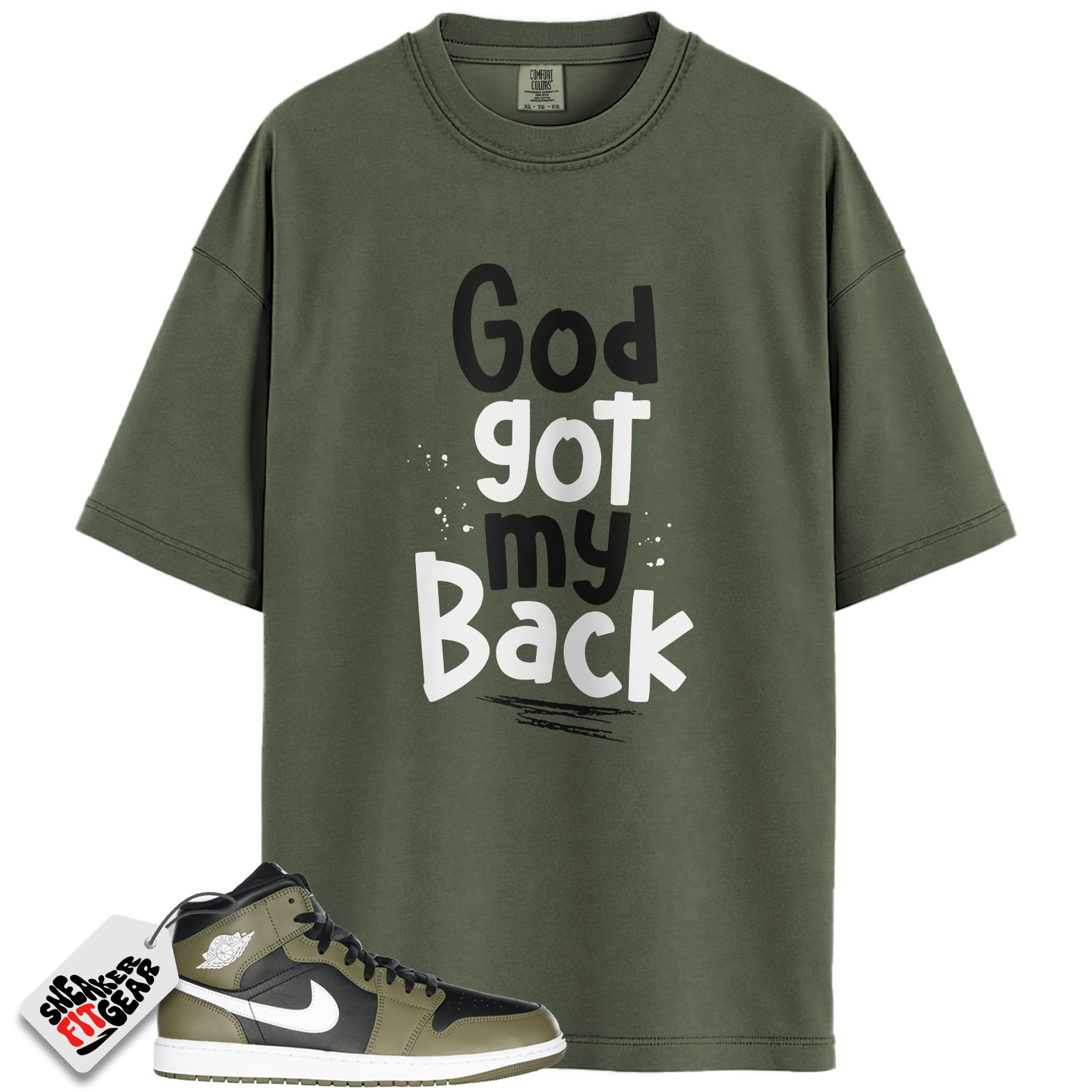 Jordan 1 Mid Black White Olive Match Shirts, God Got My Back To Match Jordan 1 Mid Black White Olive