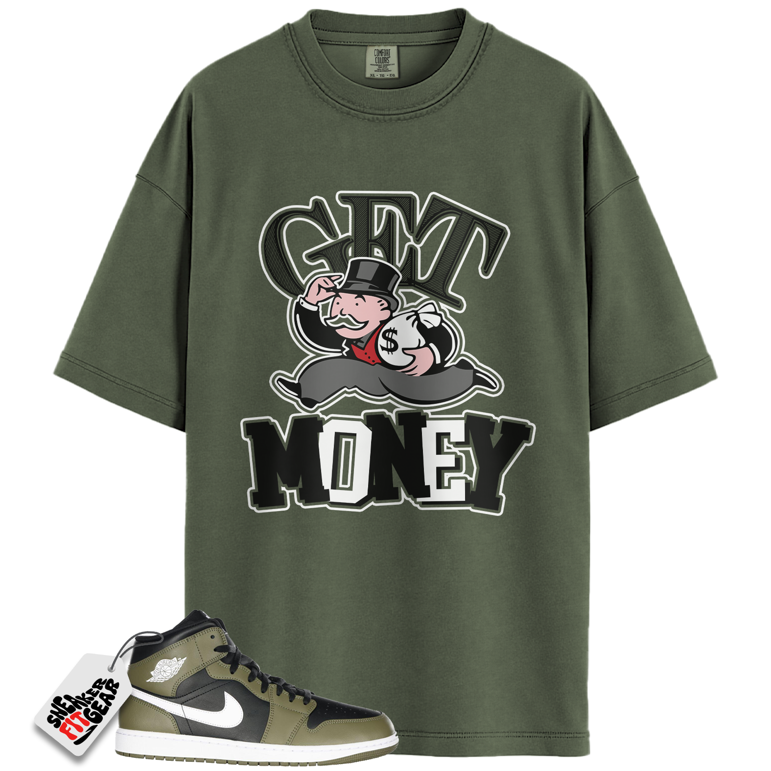 Jordan 1 Mid Black White Olive Match Shirts, Get Money To Match Jordan 1 Mid Black White Olive