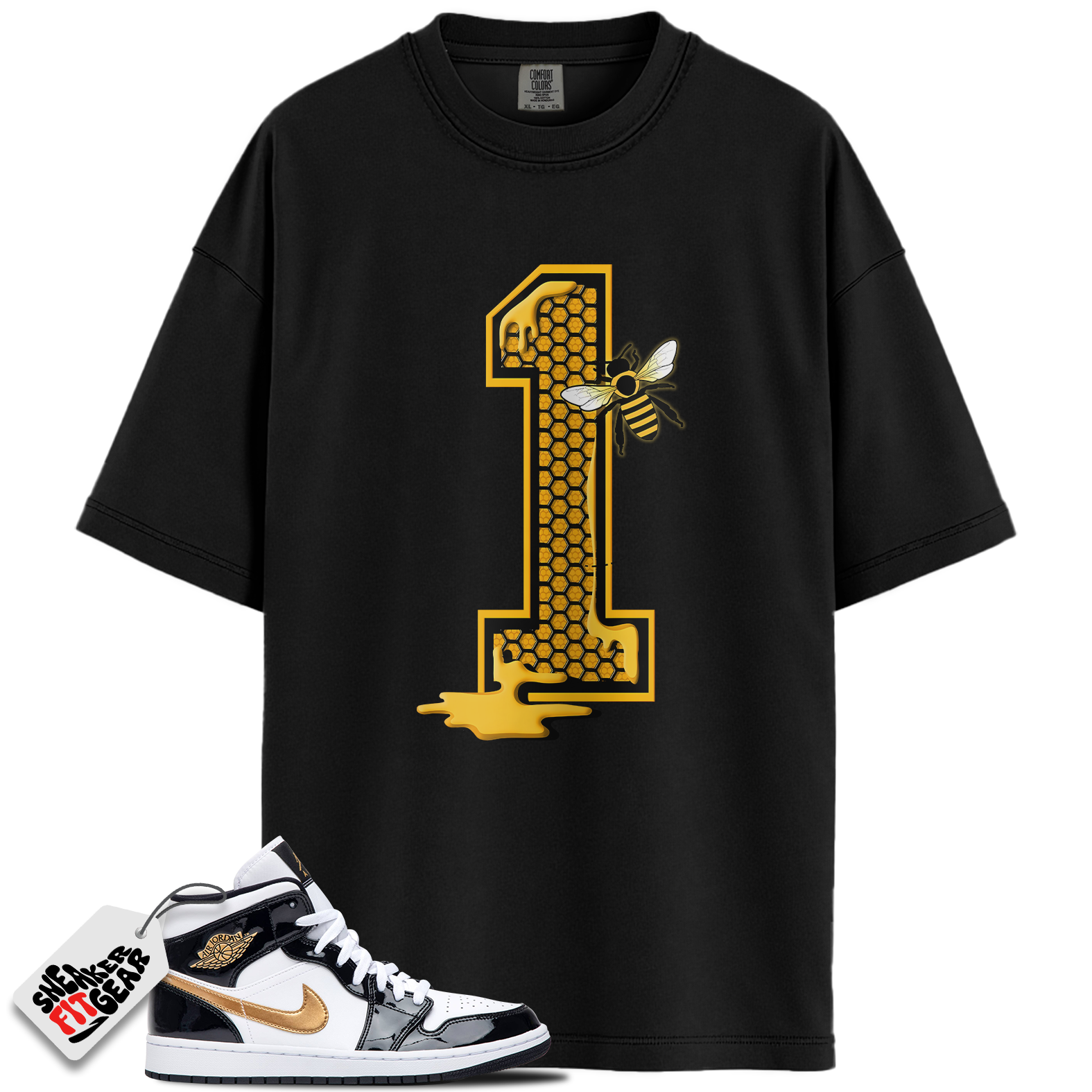 Jordan 1 Mid Patent Black White Gold Match Shirts, Bees Number 1 Unisex Crew Neck T-Shirt To Match Jordan 1 Mid Patent Black White Gold