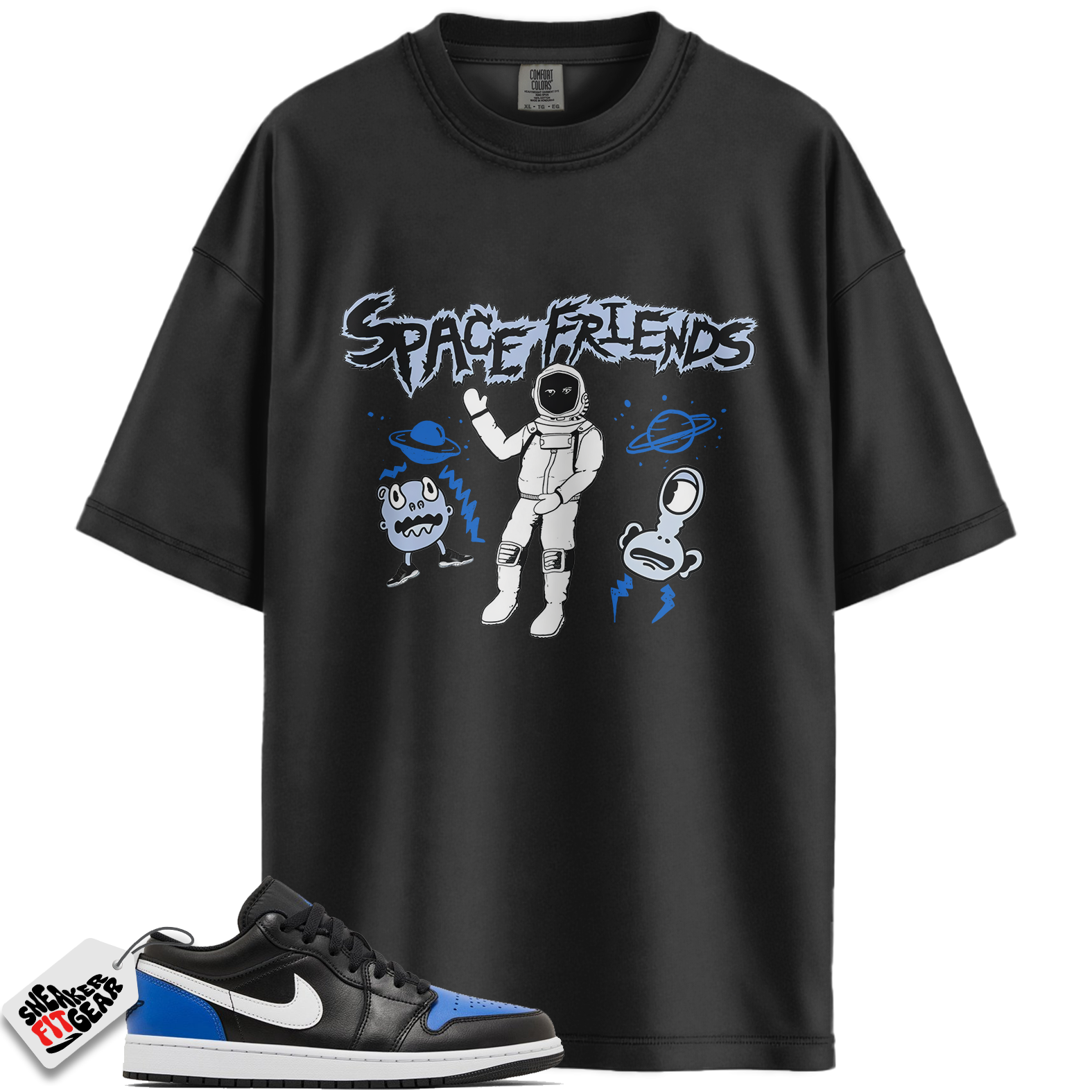 Jordan 1 Low Black Royal Toe Match Shirts, Space Friends To Match Jordan 1 Low Black Royal Toe