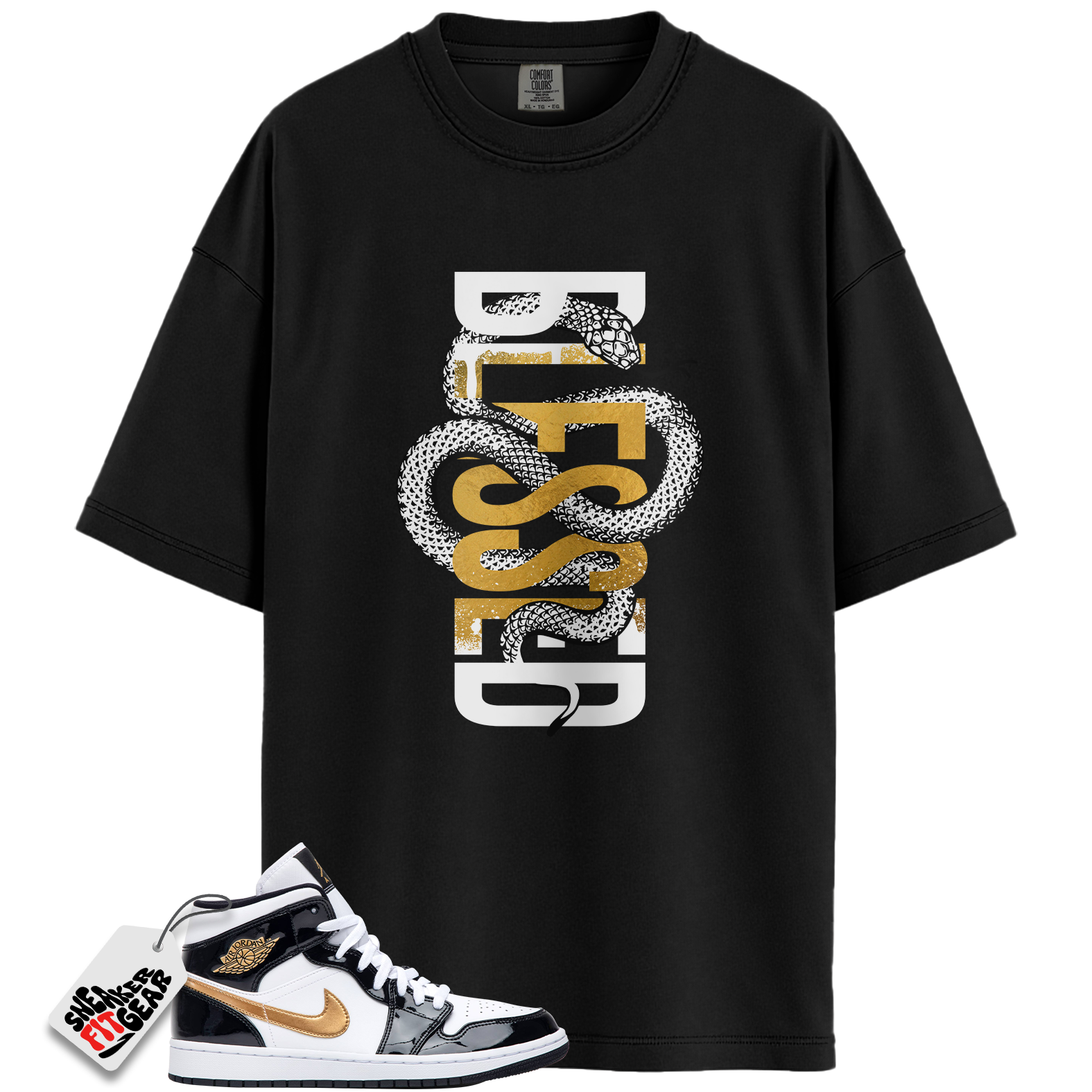 Jordan 1 Mid Patent Black White Gold Match Shirts, SNAKEBLS To Match Jordan 1 Mid Patent Black White Gold