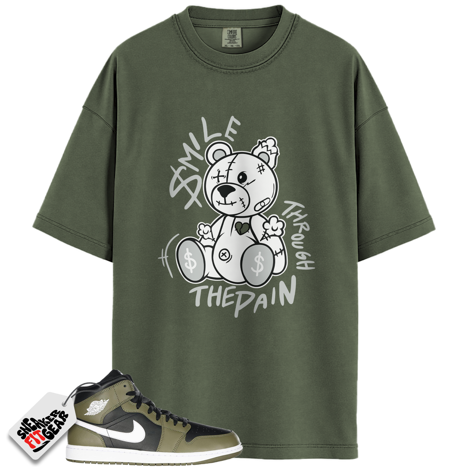 Jordan 1 Mid Black White Olive Match Shirts, Smile Through The Pain To Match Jordan 1 Mid Black White Olive