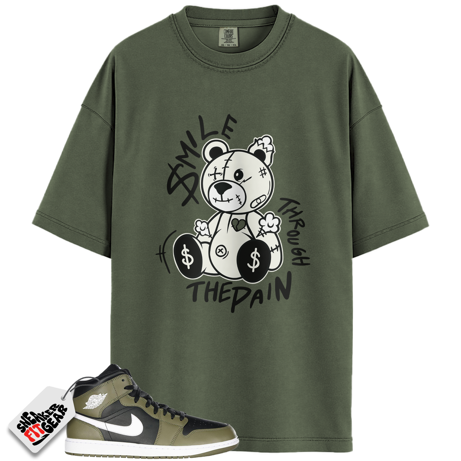 Jordan 1 Mid Black White Olive Match Shirts, Smile Through The Pain To Match Jordan 1 Mid Black White Olive Main image