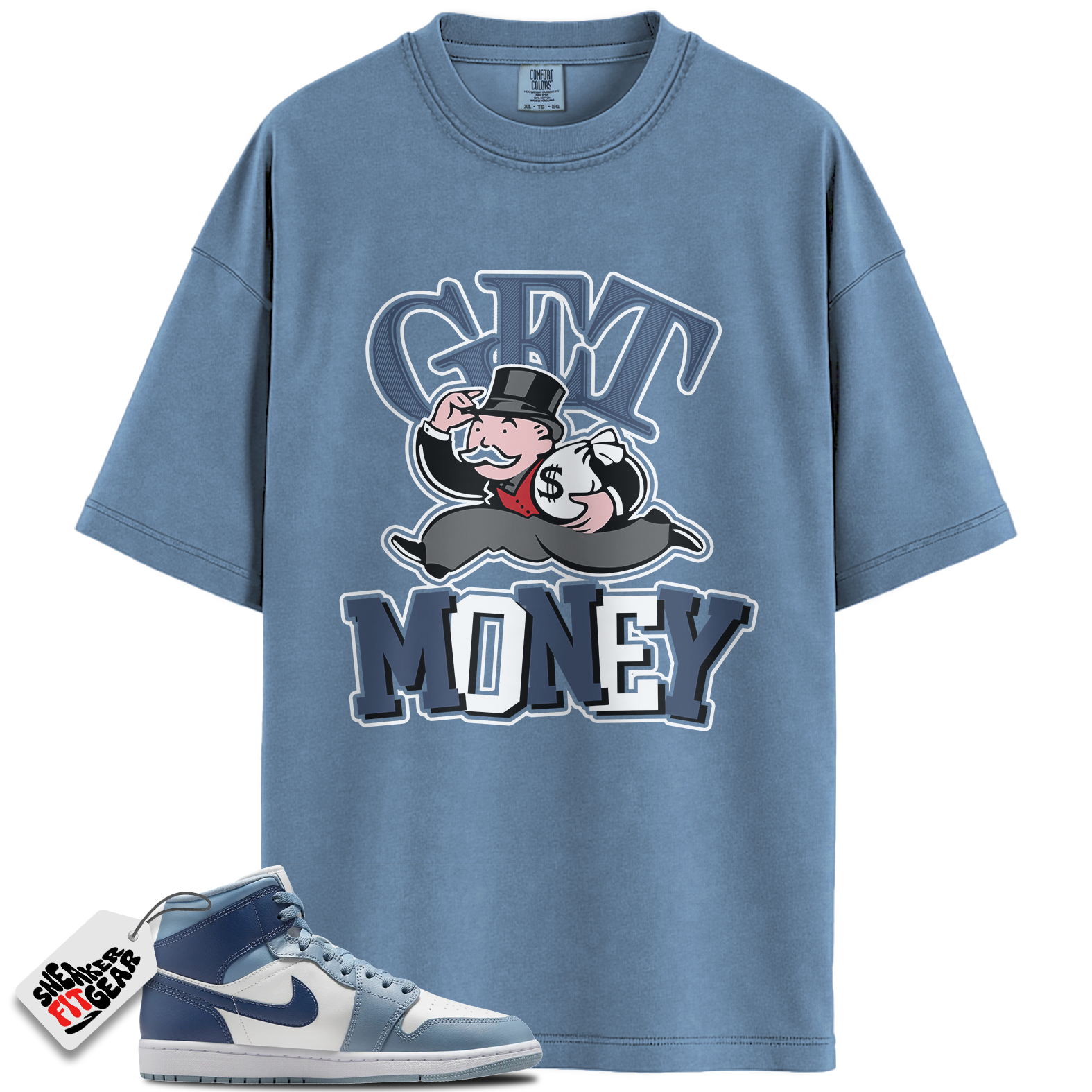 Women's Jordan 1 Mid Two Tone Blue Match Shirts, Get Money To Match Women's Jordan 1 Mid Two Tone Blue