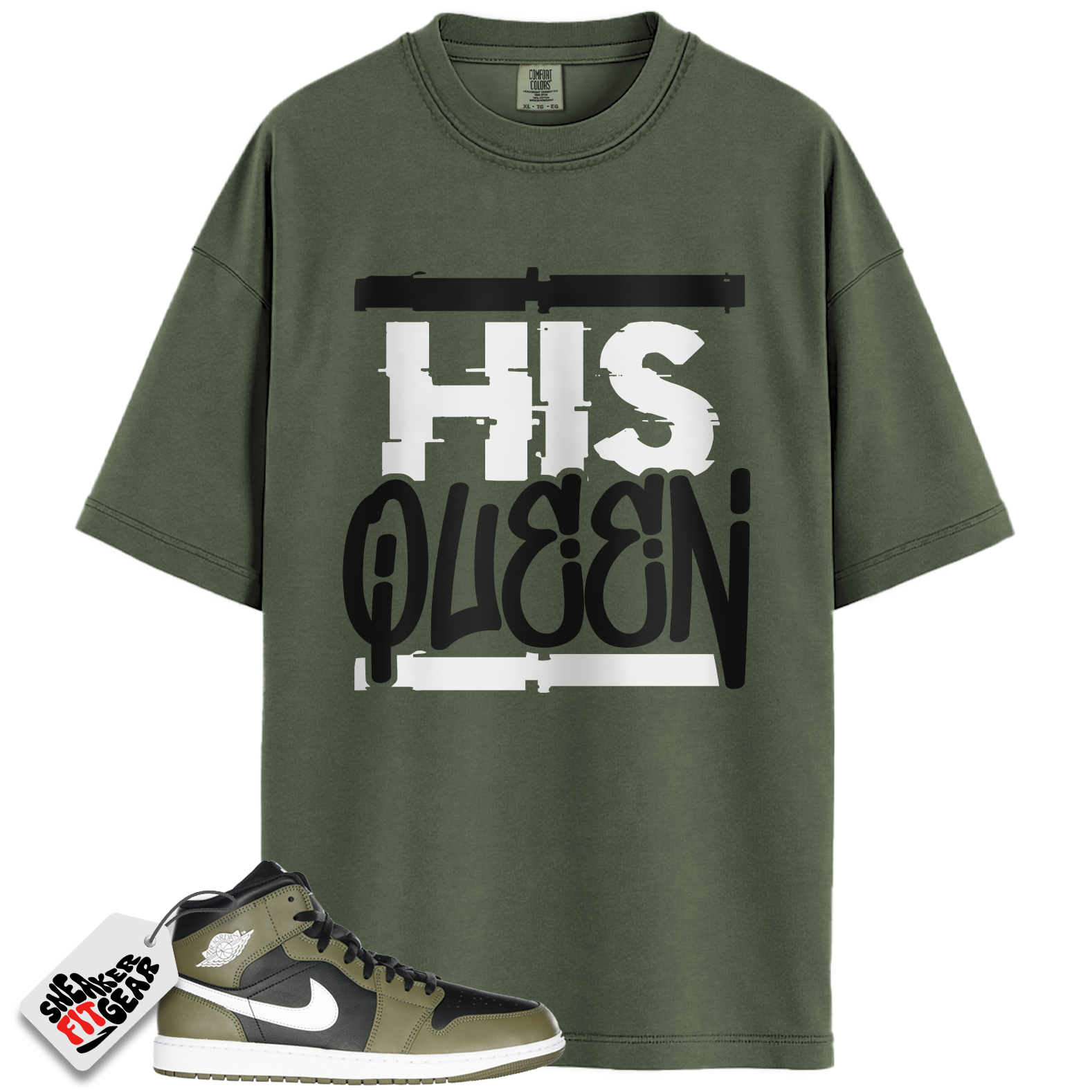 Jordan 1 Mid Black White Olive Match Shirts, His Queen To Match Jordan 1 Mid Black White Olive