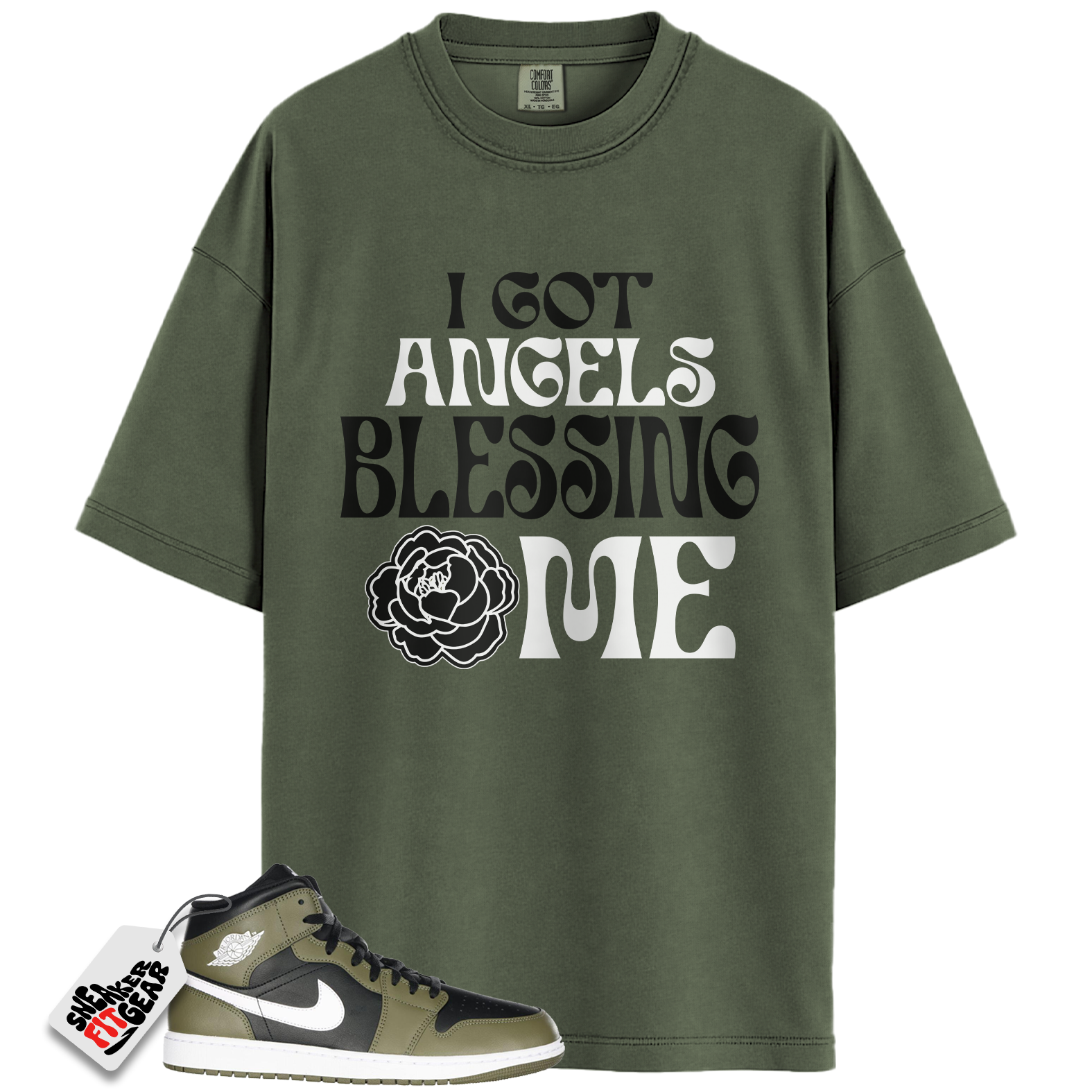 Jordan 1 Mid Black White Olive Match Shirts, Angels To Match Jordan 1 Mid Black White Olive