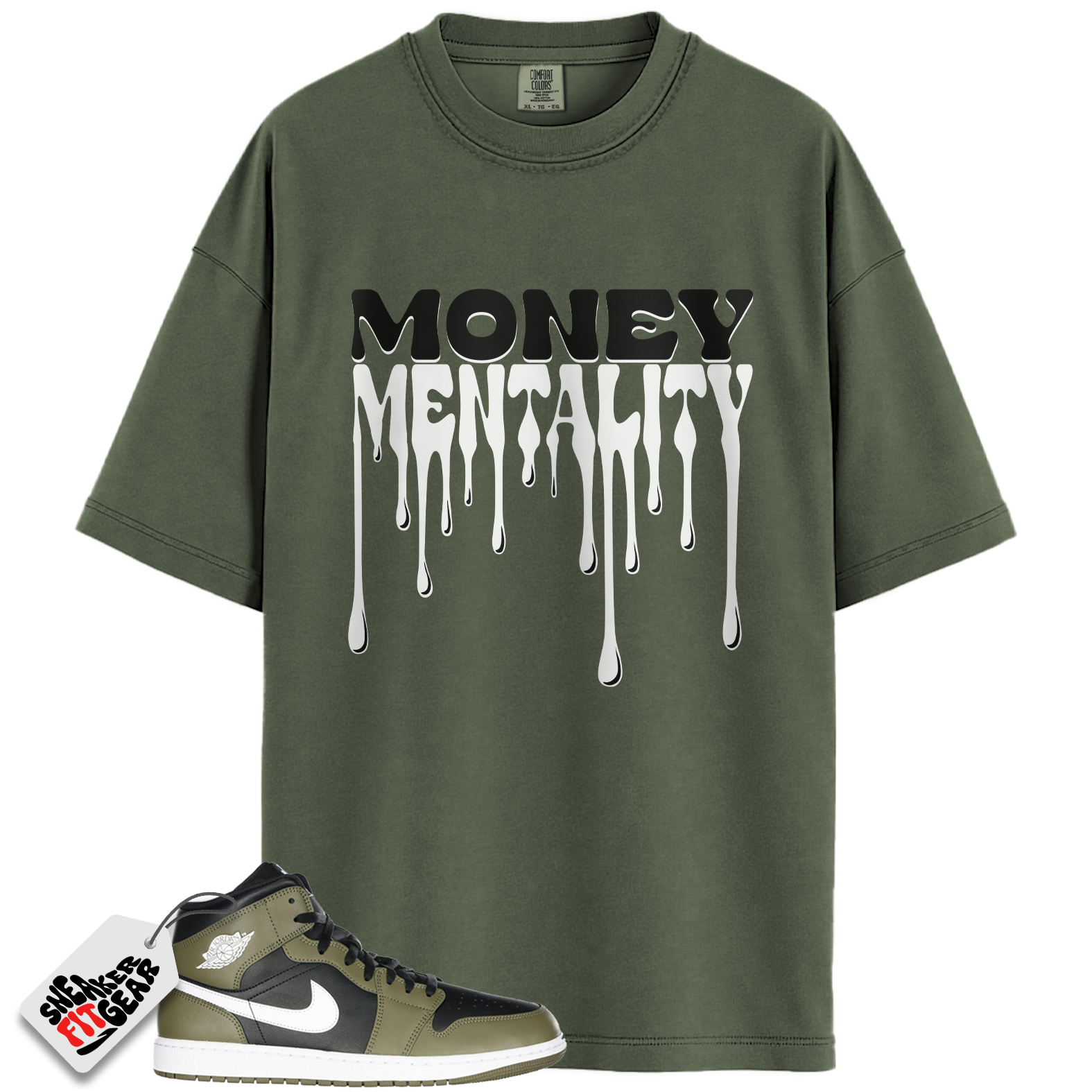 Jordan 1 Mid Black White Olive Match Shirts, Money Mentality To Match Jordan 1 Mid Black White Olive