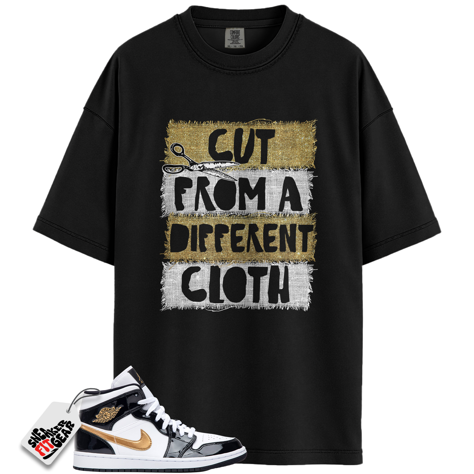 Jordan 1 Mid Patent Black White Gold Match Shirts, Cut From A Different Cloth To Match Jordan 1 Mid Patent Black White Gold