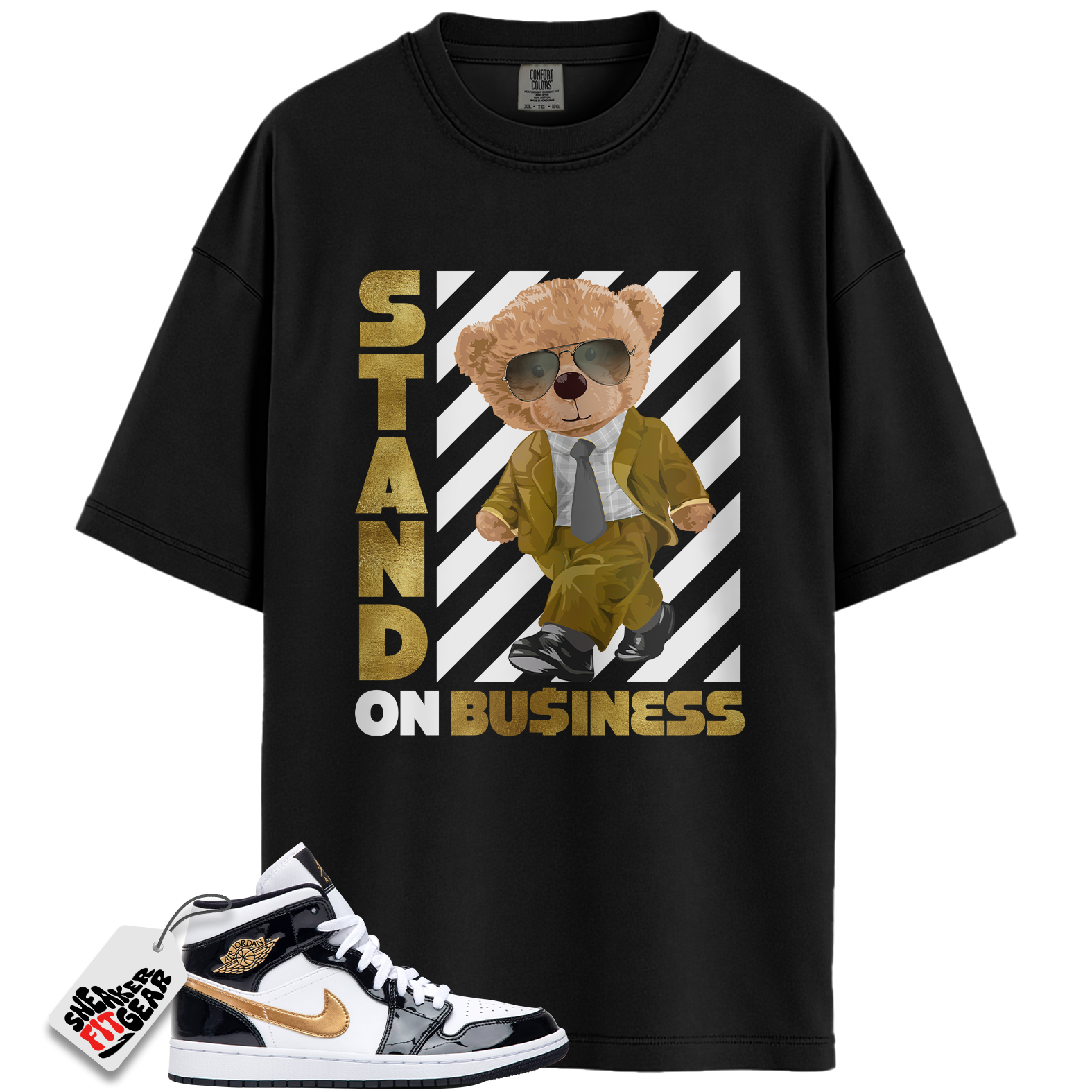 Jordan 1 Mid Patent Black White Gold Match Shirts, Stand On Business To Match Jordan 1 Mid Patent Black White Gold Main image