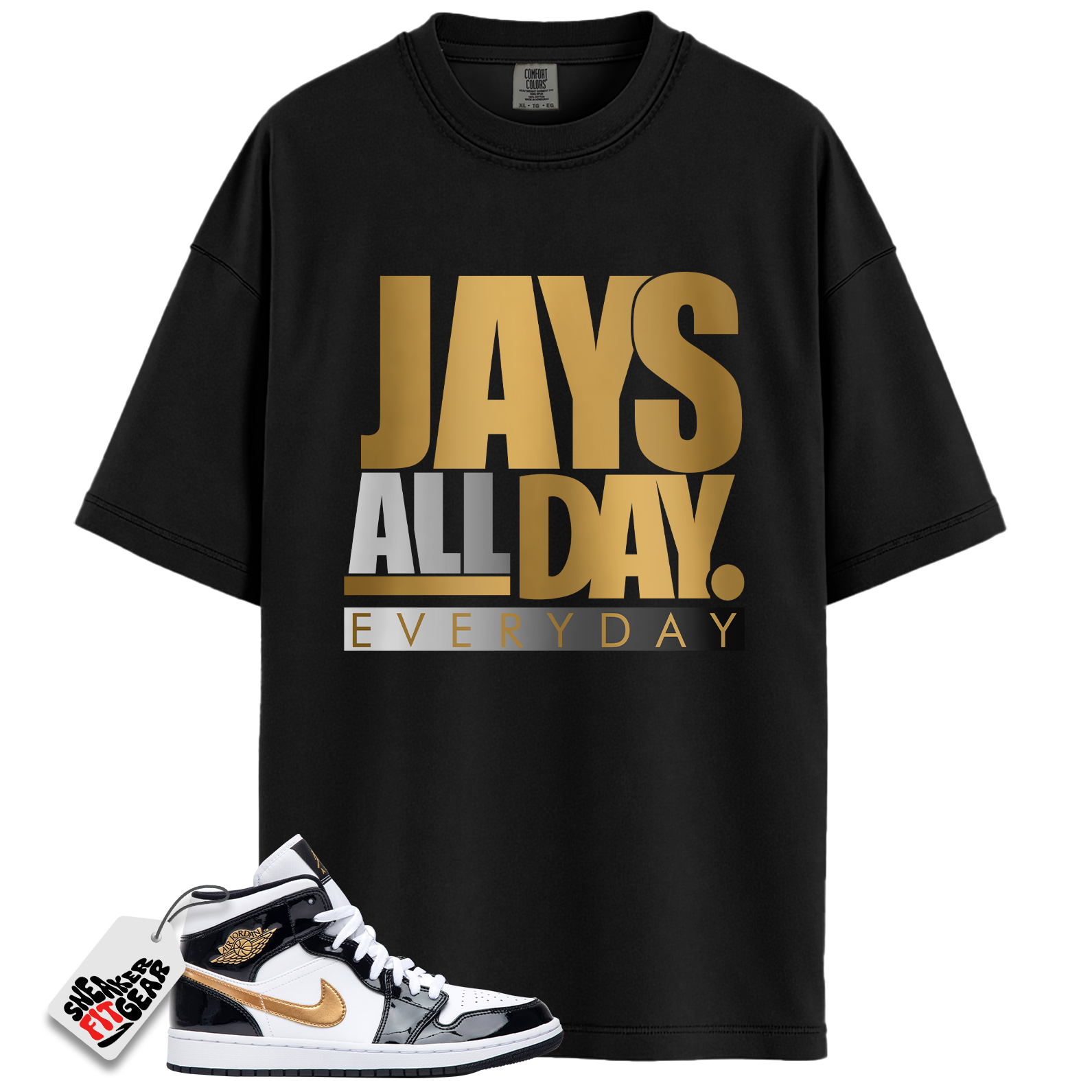 Jordan 1 Mid Patent Black White Gold Match Shirts, Jays All Day Tee To Match Jordan 1 Mid Patent Black White Gold Main image