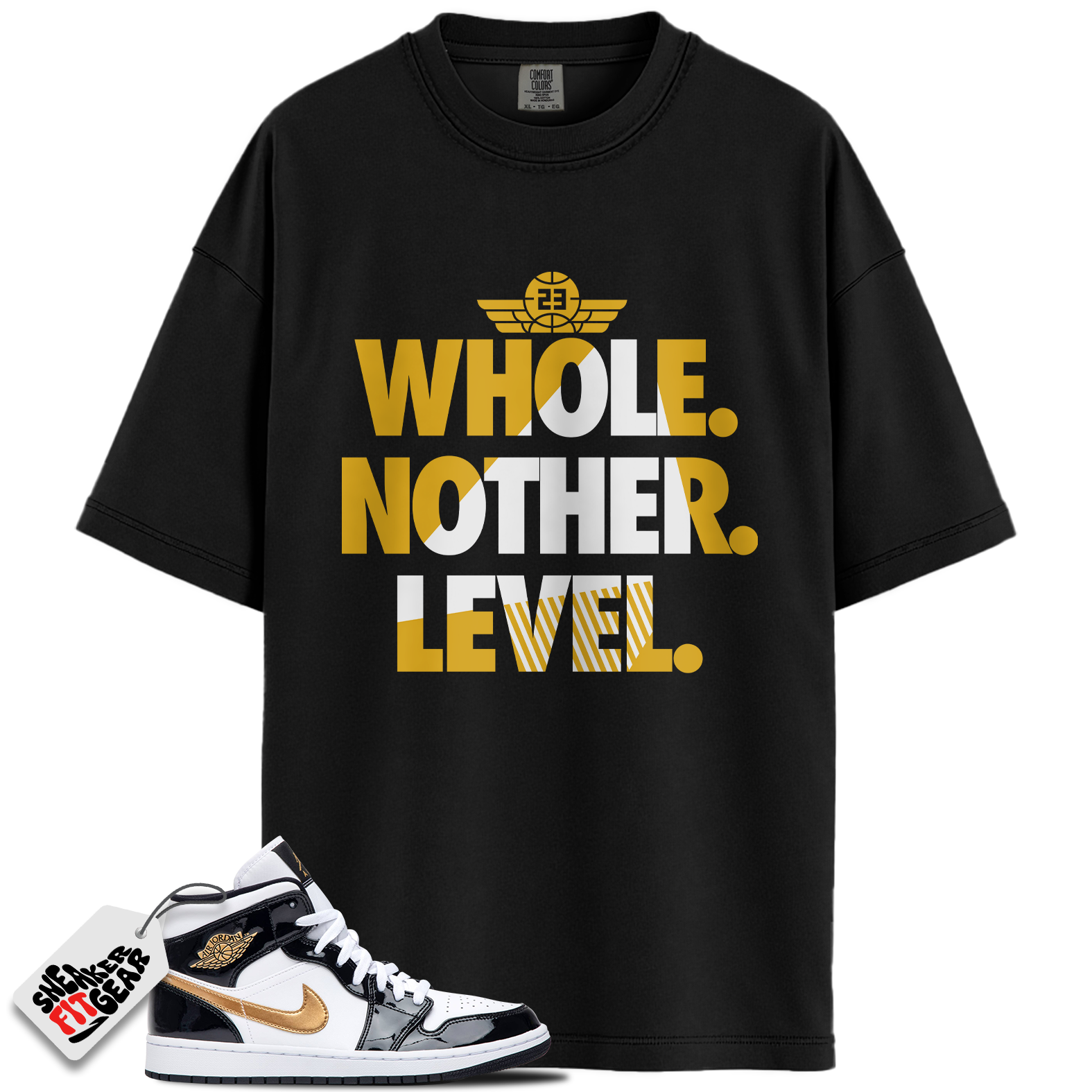 Jordan 1 Mid Patent Black White Gold Match Shirts, 23 Drip Unisex Shirt To Match Jordan 1 Mid Patent Black White Gold Main image