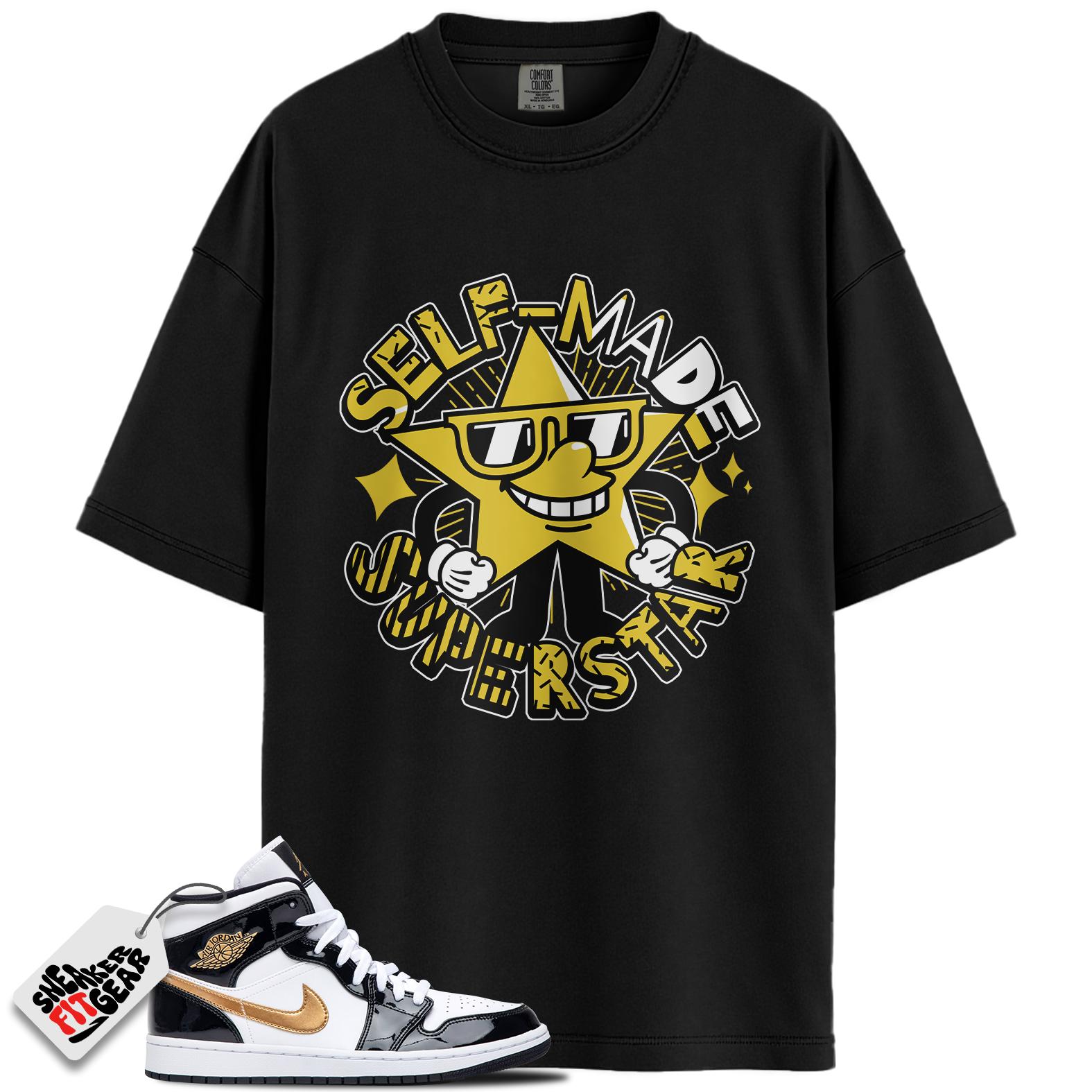 Jordan 1 Mid Patent Black White Gold Match Shirts, Superstar Sneaker Shirt To Match Jordan 1 Mid Patent Black White Gold