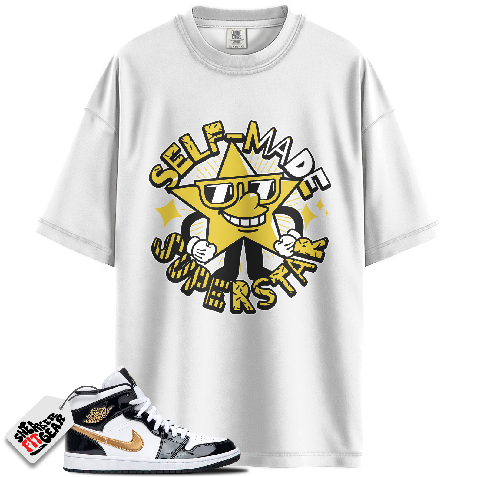 Jordan 1 Mid Patent Black White Gold Match Shirts, Superstar Sneaker Shirt To Match Jordan 1 Mid Patent Black White Gold