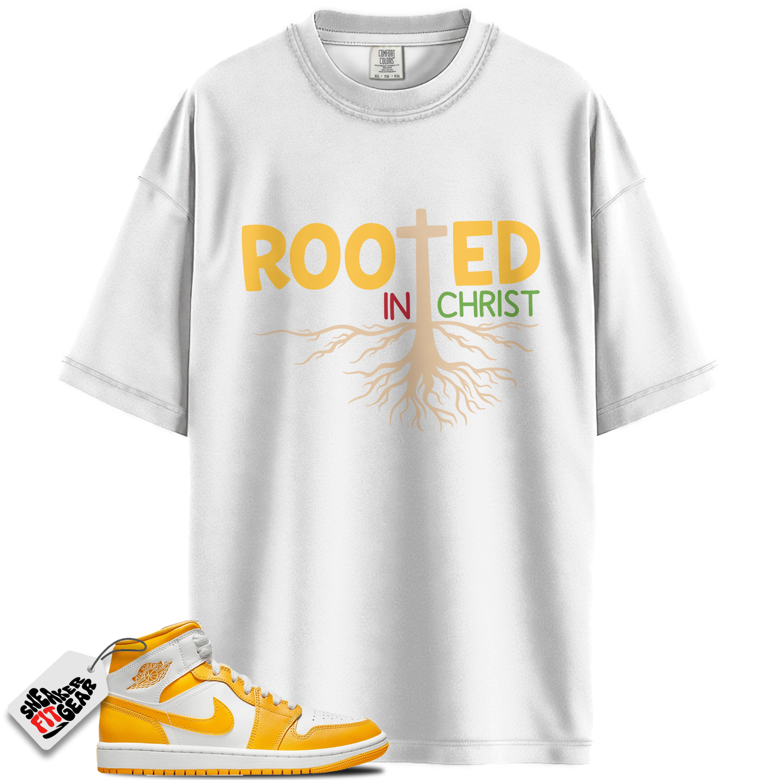 Jordan 1 Mid WMNS University Gold White Summer Match Shirts, ROOTED To Match Jordan 1 Mid WMNS University Gold White Summer