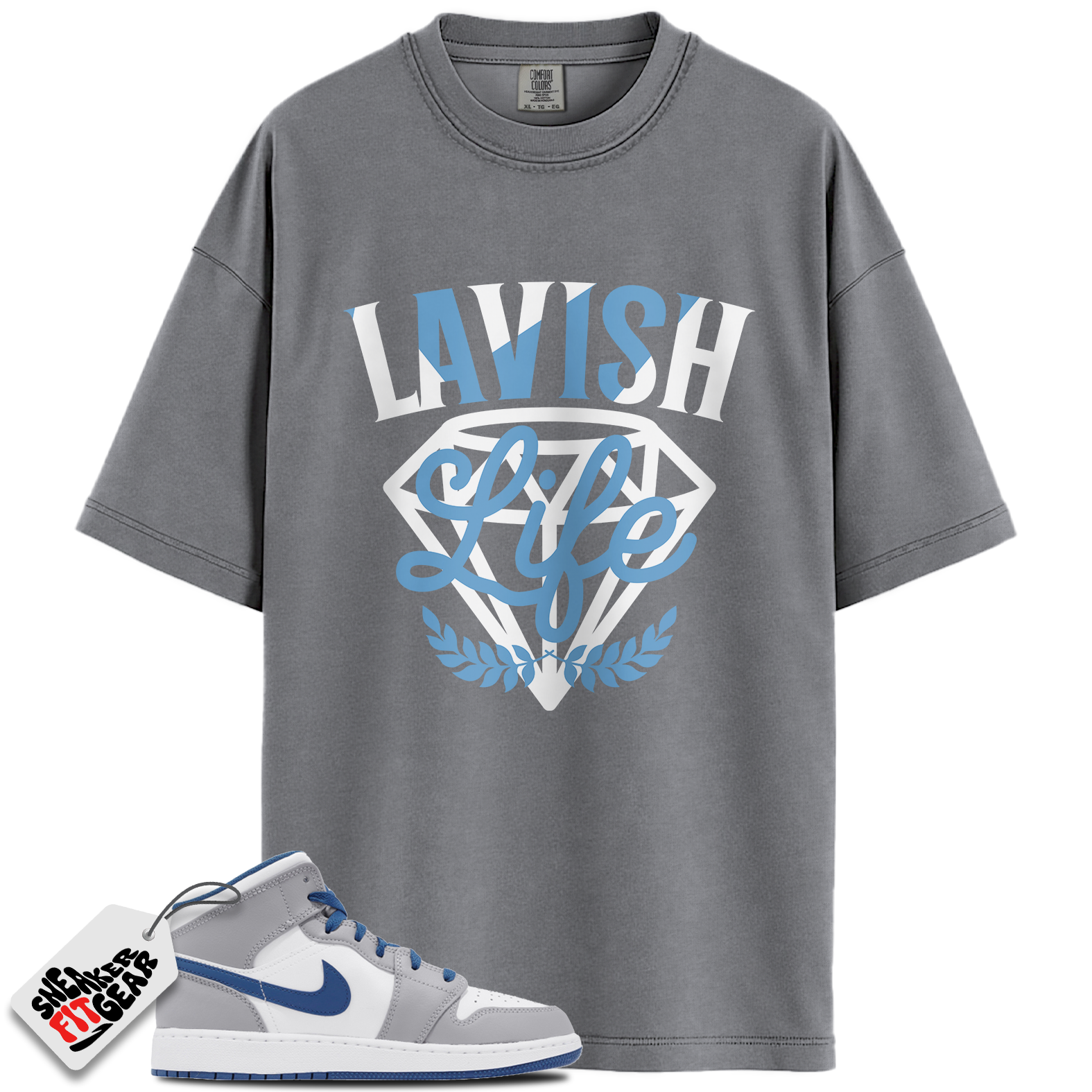 Jordan 1 Mid True Blue Cement Match Shirts, Lavish Sneaker Shirt To Match Jordan 1 Mid True Blue Cement