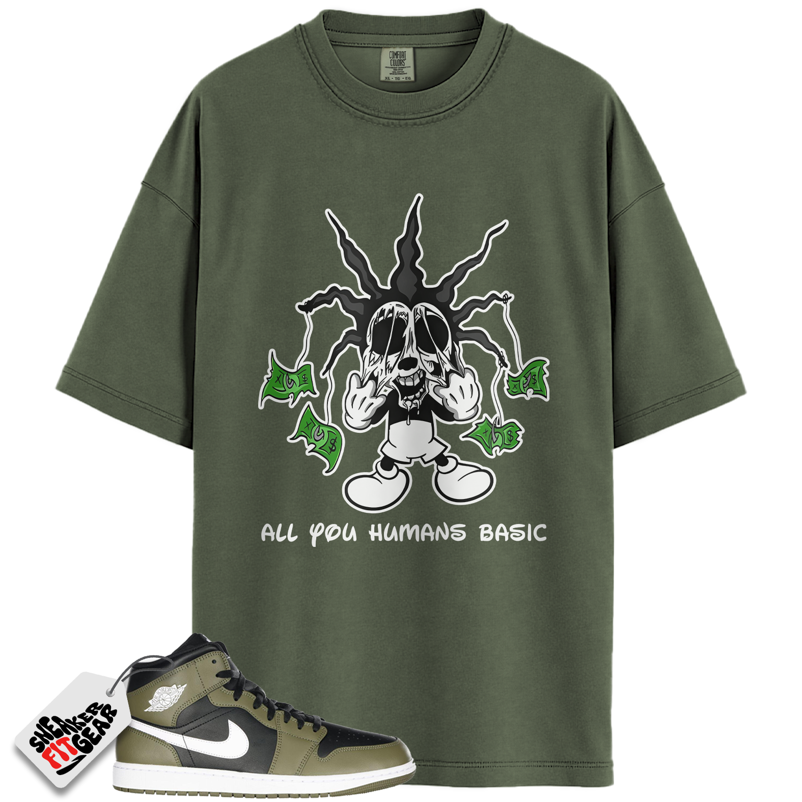 Jordan 1 Mid Black White Olive Match Shirts, HOOK To Match Jordan 1 Mid Black White Olive