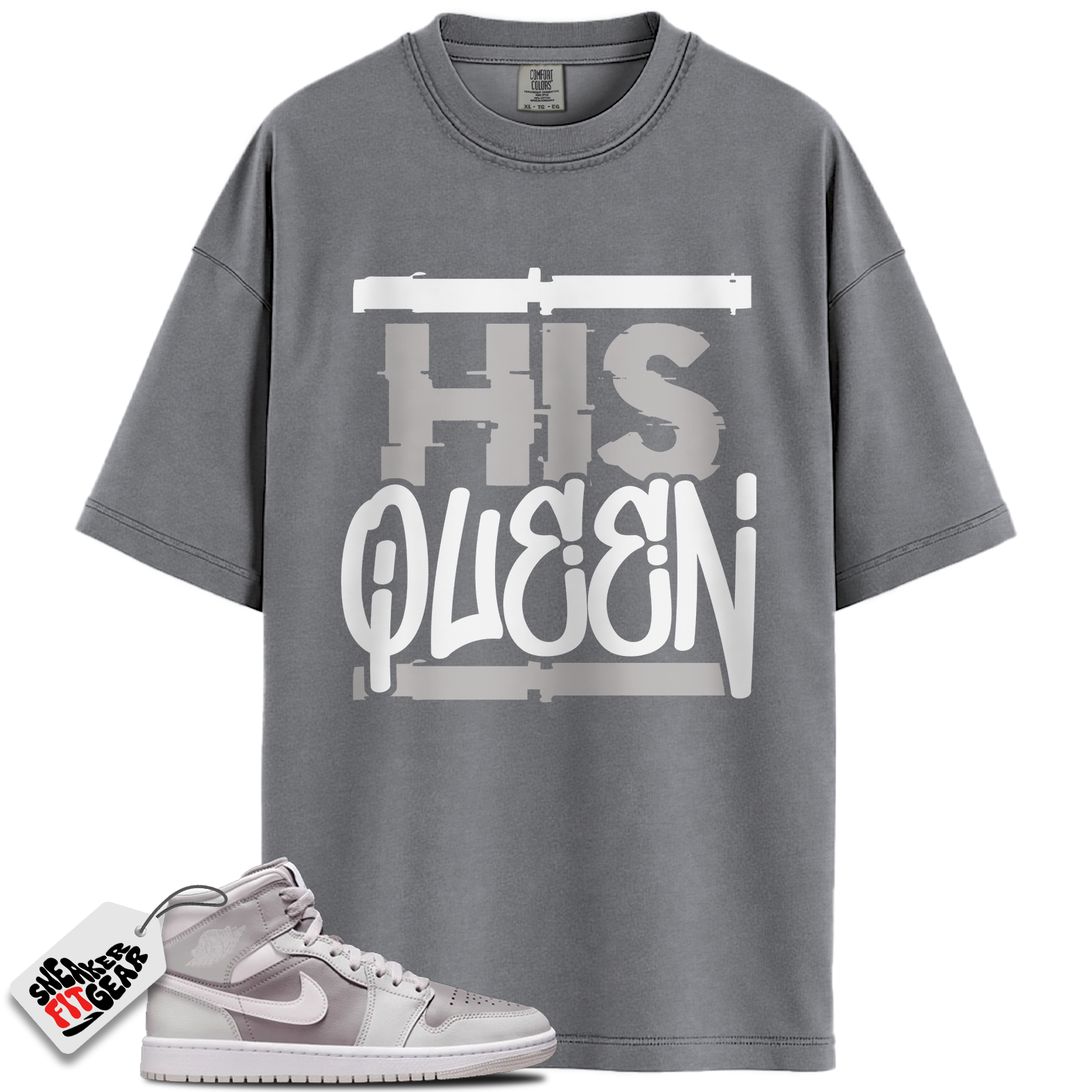 Women's Jordan 1 Mid Photon Dust Atmosphere Grey Match Shirts, His Queen To Match Women's Jordan 1 Mid Photon Dust Atmosphere Grey