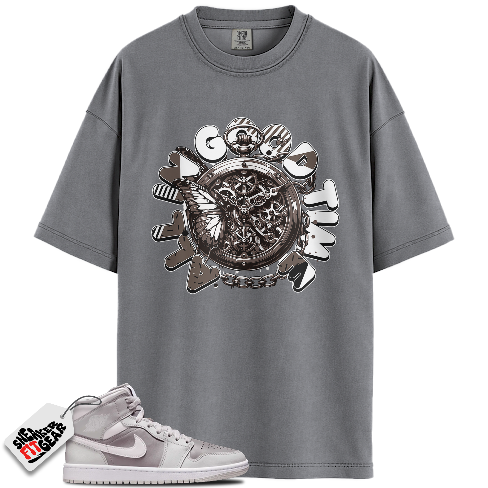 Women's Jordan 1 Mid Photon Dust Atmosphere Grey Match Shirts, All In Good Time Shirt To Match Women's Jordan 1 Mid Photon Dust Atmosphere Grey Main image
