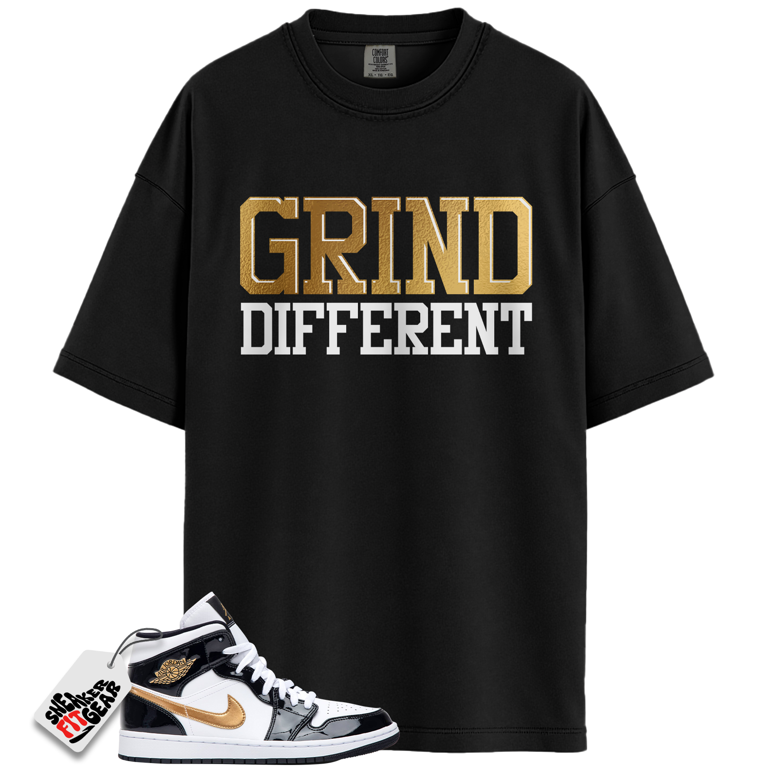 Jordan 1 Mid Patent Black White Gold Match Shirts, Grind Different To Match Jordan 1 Mid Patent Black White Gold Main image