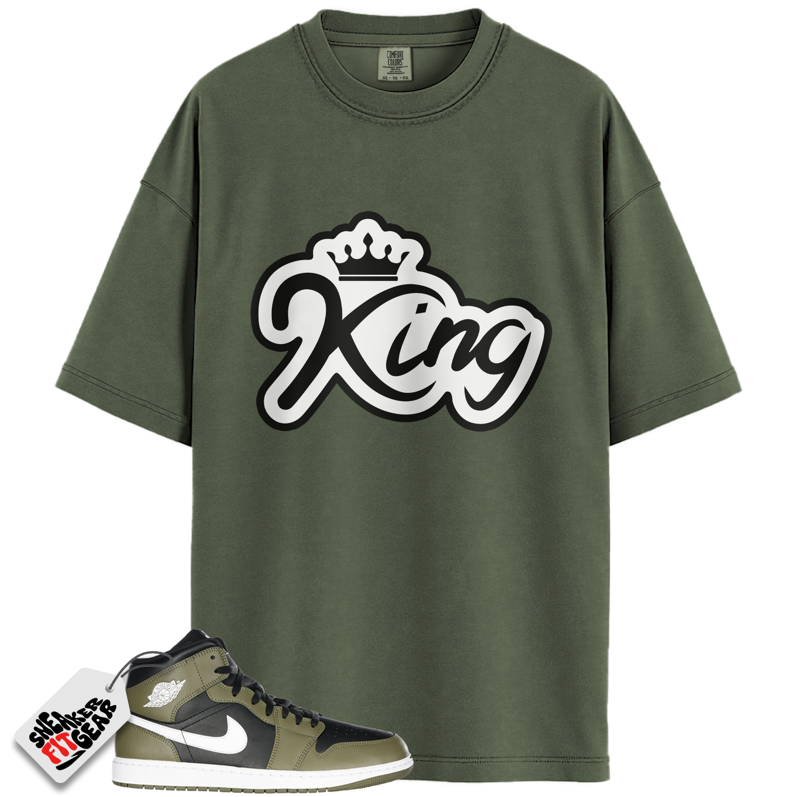 Jordan 1 Mid Black White Olive Match Shirts, KING To Match Jordan 1 Mid Black White Olive