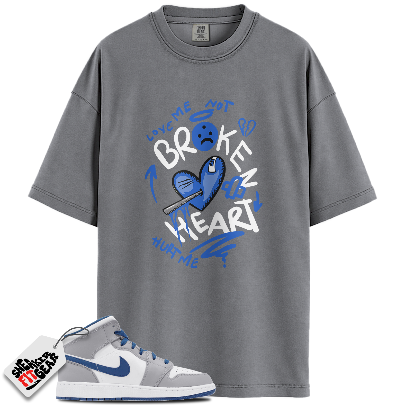Jordan 1 Mid True Blue Cement Match Shirts, Broken Heart To Match Jordan 1 Mid True Blue Cement