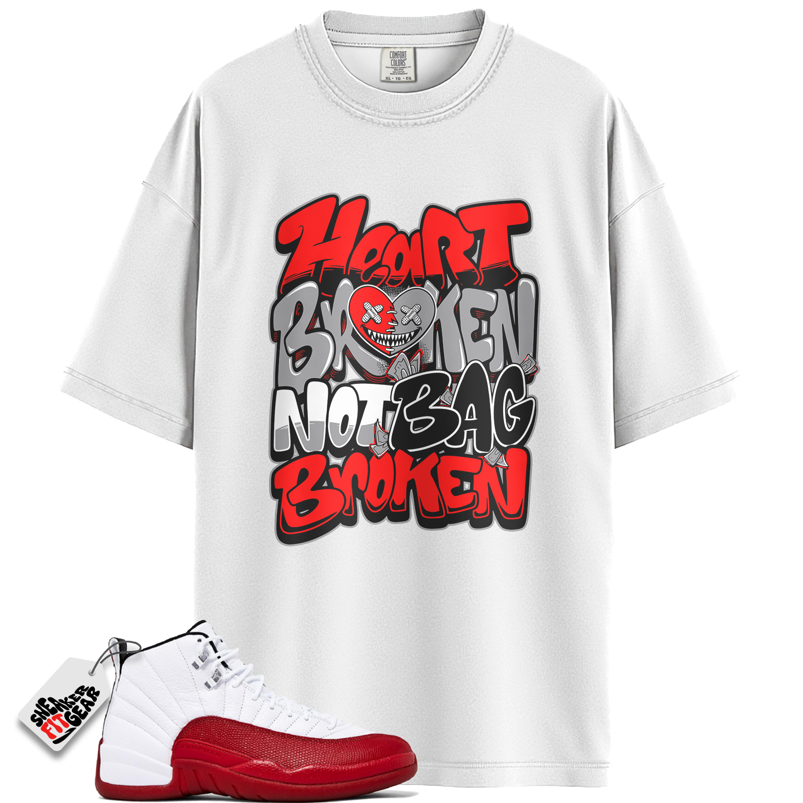 Jordan 12 Retro Cherry Outfits Match Shirts, RED HEART BROKEN BAWS To Match Jordan 12 Retro Cherry Outfits