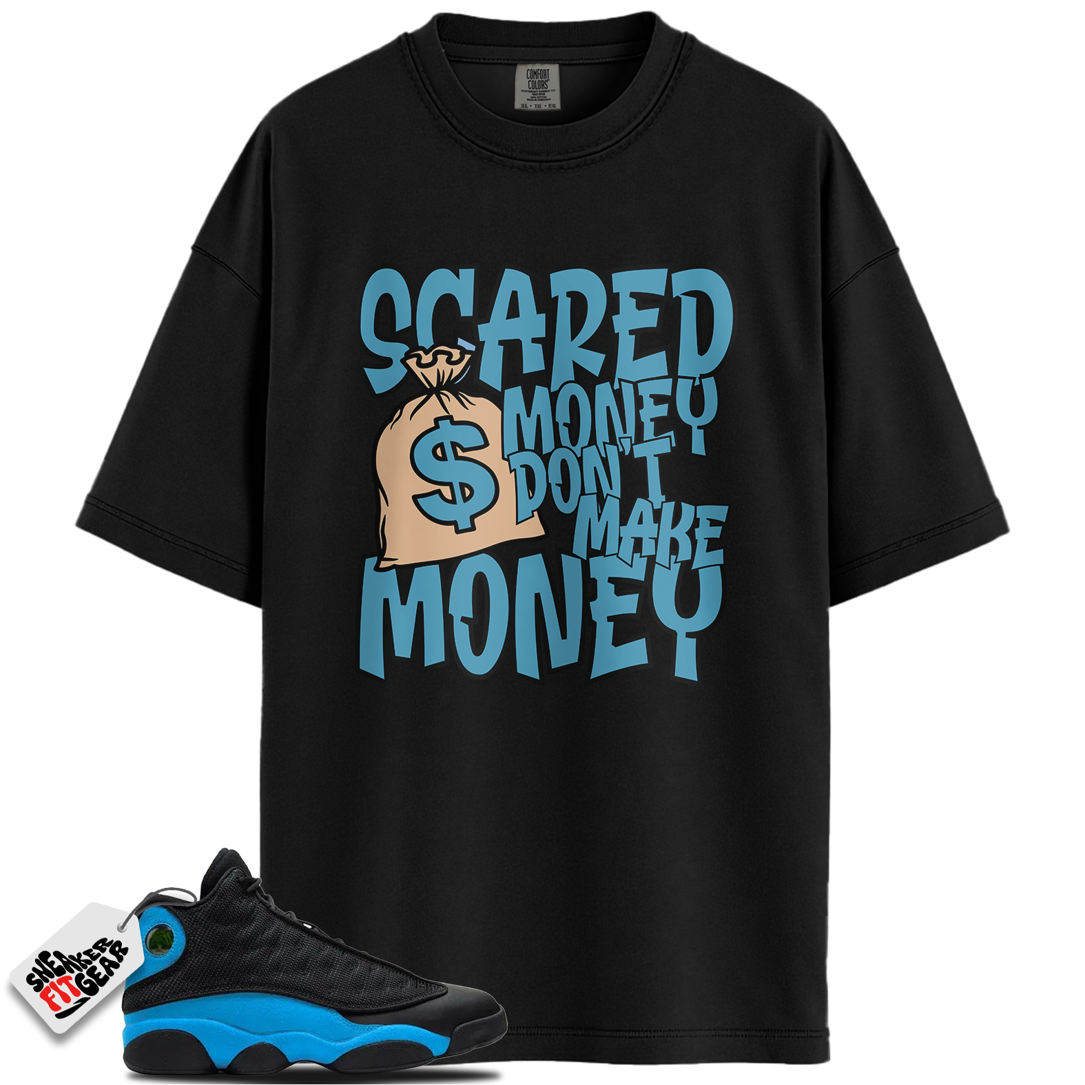Jordan 13 Black University Blue Match Shirts, Scared Money To Match Jordan 13 Black University Blue Main image