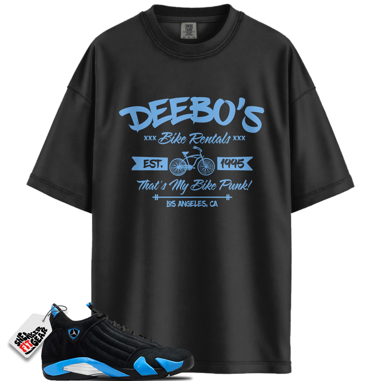 Jordan 14 Black University Blue Match Shirts, Beebo's Bike Shop Shirt To Match  Jordan 14 Black University Blue