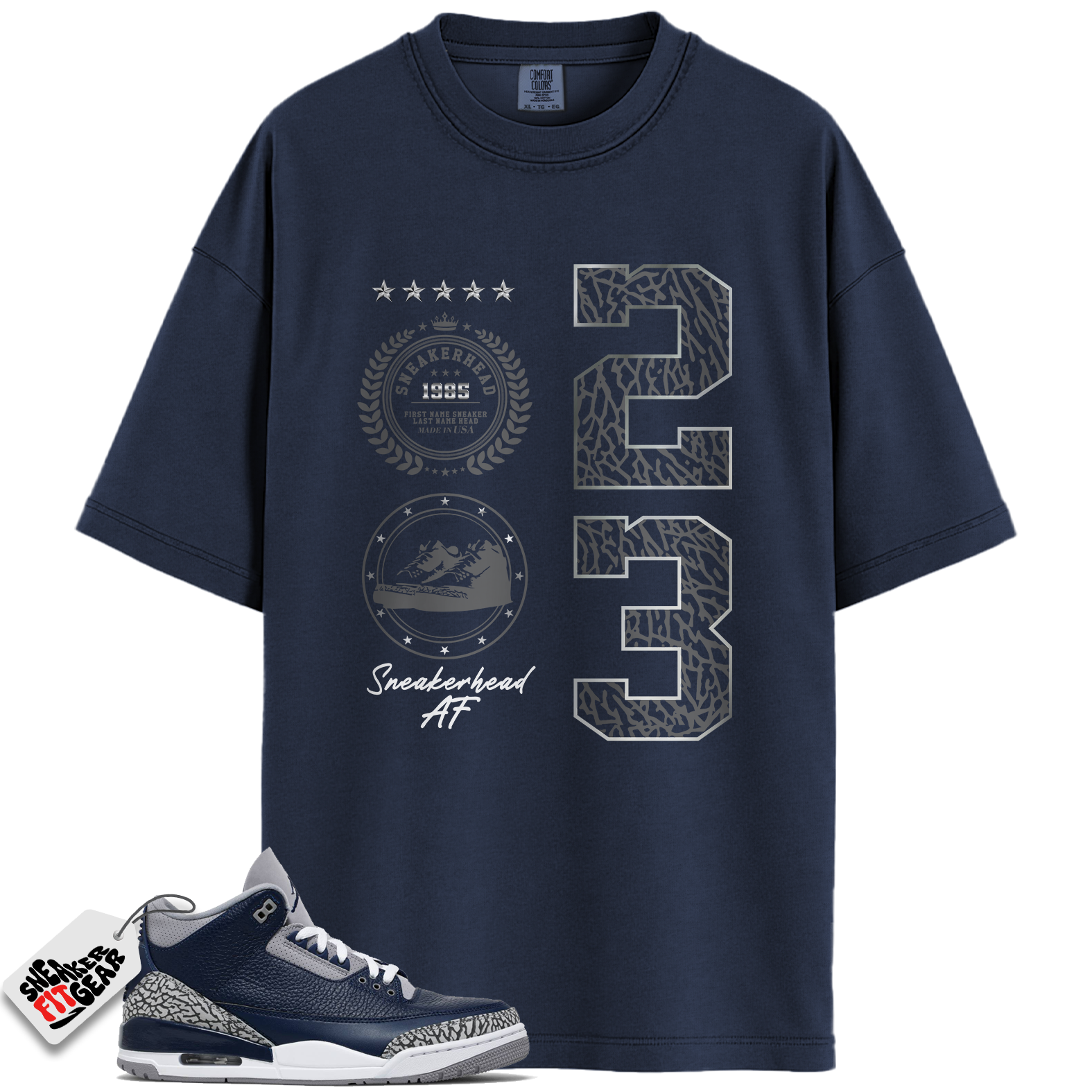 Jordan 3 Georgetown Midnight Navy Match Shirts, Sneaker Emblem Crew Neck T-Shirt To Match Jordan 3 Georgetown Midnight Navy