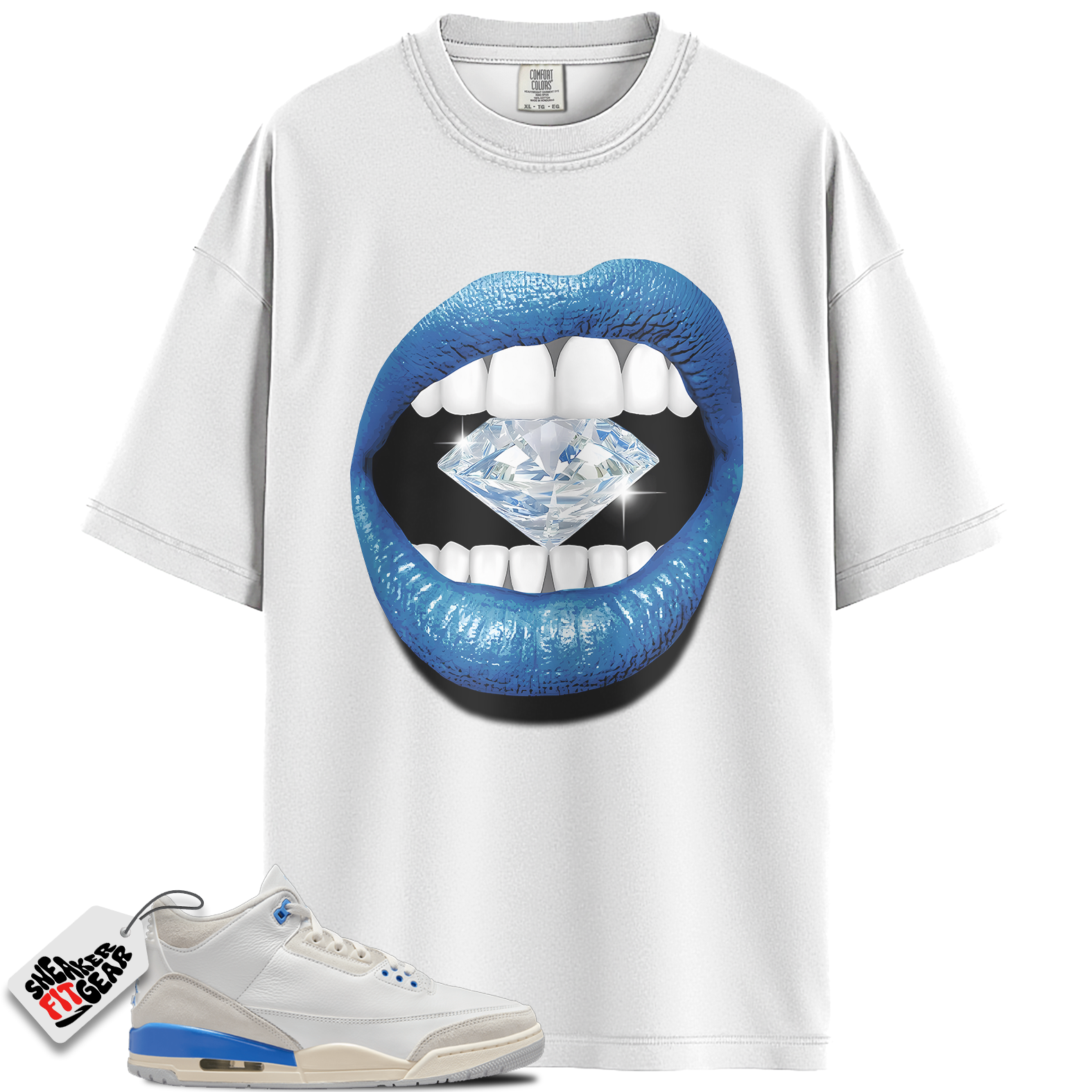 Jordan 3 Retro Lucky Shorts/ Hydrogen Blue Match Shirts, Lips Diamond Unisex Crew Neck Sneaker T-Shirt To Match Jordan 3 Retro Lucky Shorts/ Hydrogen Blue