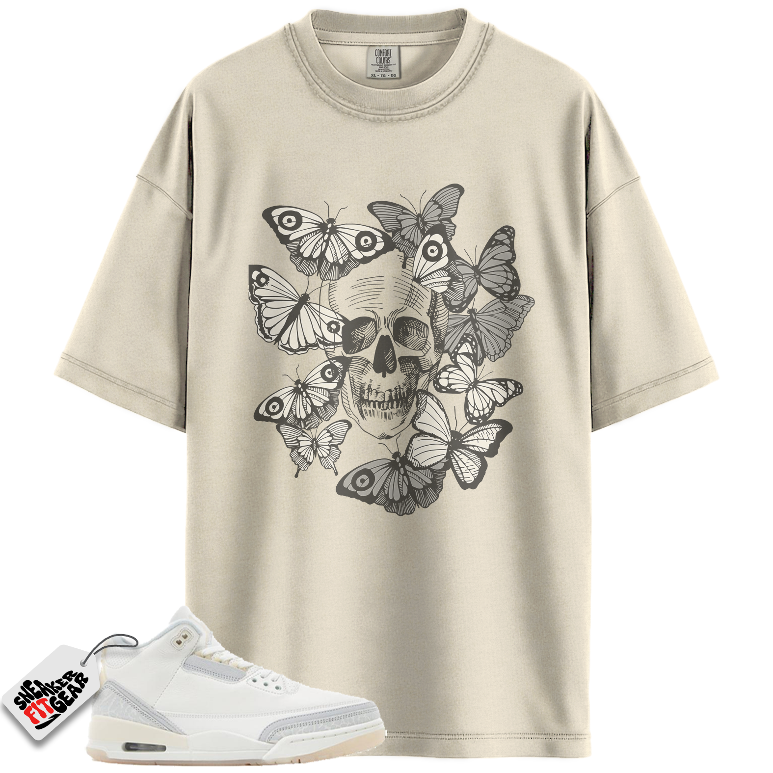Jordan 3 Retro Crafy Ivory Match Shirts, Skull With Butterflies Unisex Crew Neck Sneaker T-Shirt To Match Jordan 3 Retro Crafy Ivory