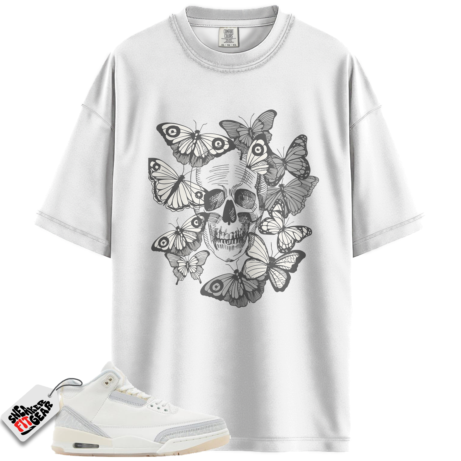 Jordan 3 Retro Crafy Ivory Match Shirts, Skull With Butterflies Unisex Crew Neck Sneaker T-Shirt To Match Jordan 3 Retro Crafy Ivory Main image