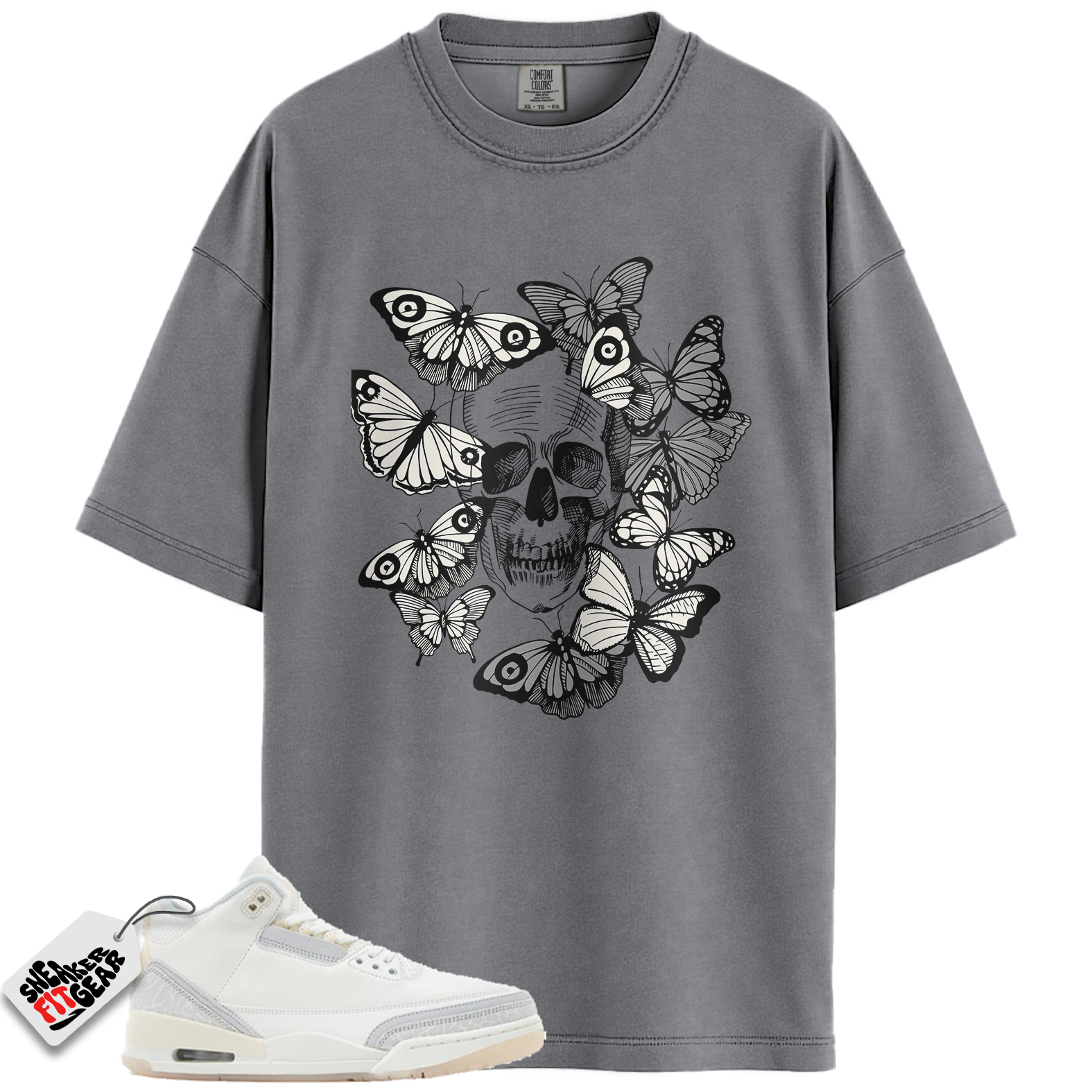 Jordan 3 Retro Crafy Ivory Match Shirts, Skull With Butterflies Unisex Crew Neck Sneaker T-Shirt To Match Jordan 3 Retro Crafy Ivory