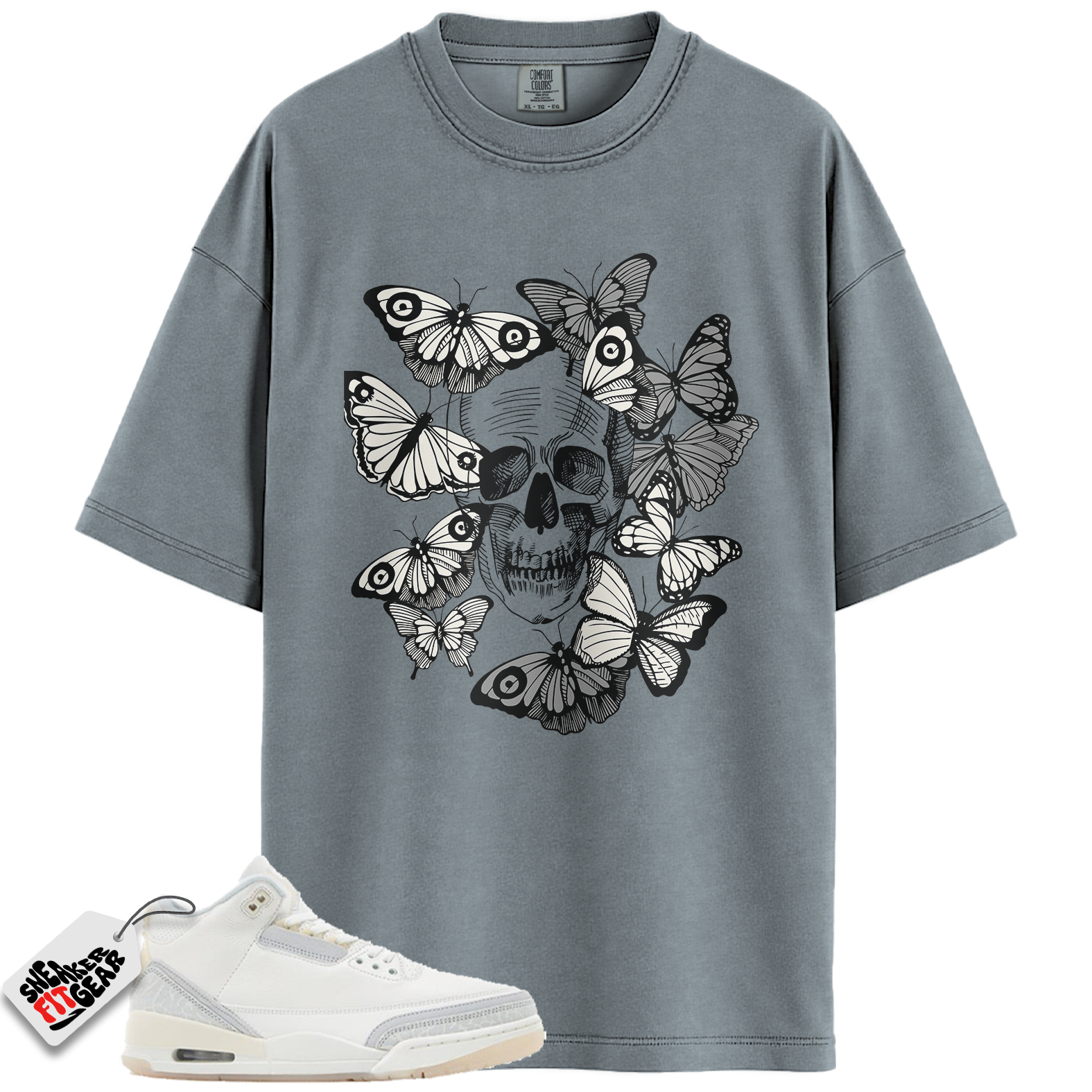 Jordan 3 Retro Crafy Ivory Match Shirts, Skull With Butterflies Unisex Crew Neck Sneaker T-Shirt To Match Jordan 3 Retro Crafy Ivory Main image