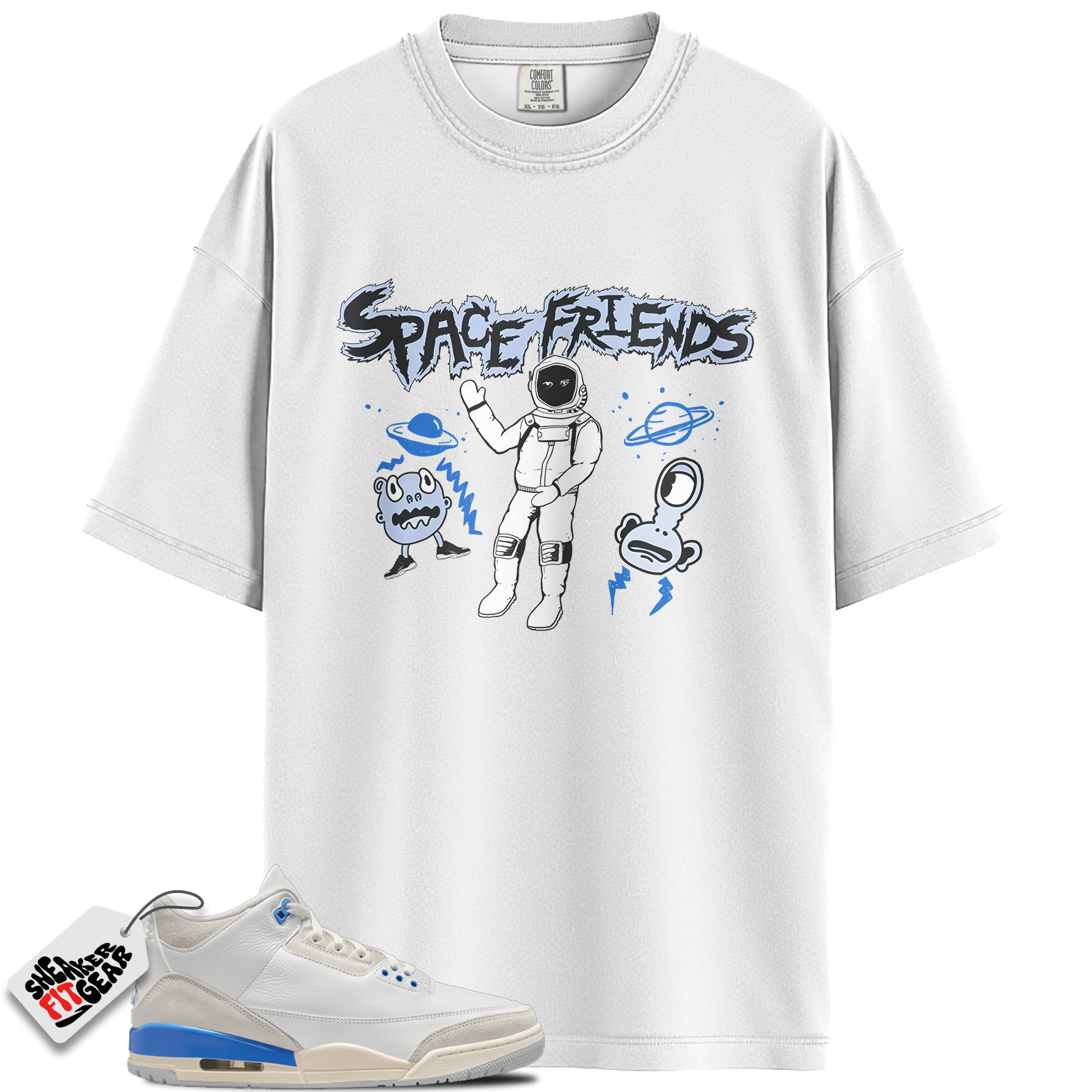 Jordan 3 Retro Lucky Shorts/ Hydrogen Blue Match Shirts, Space Friends To Match Jordan 3 Retro Lucky Shorts/ Hydrogen Blue