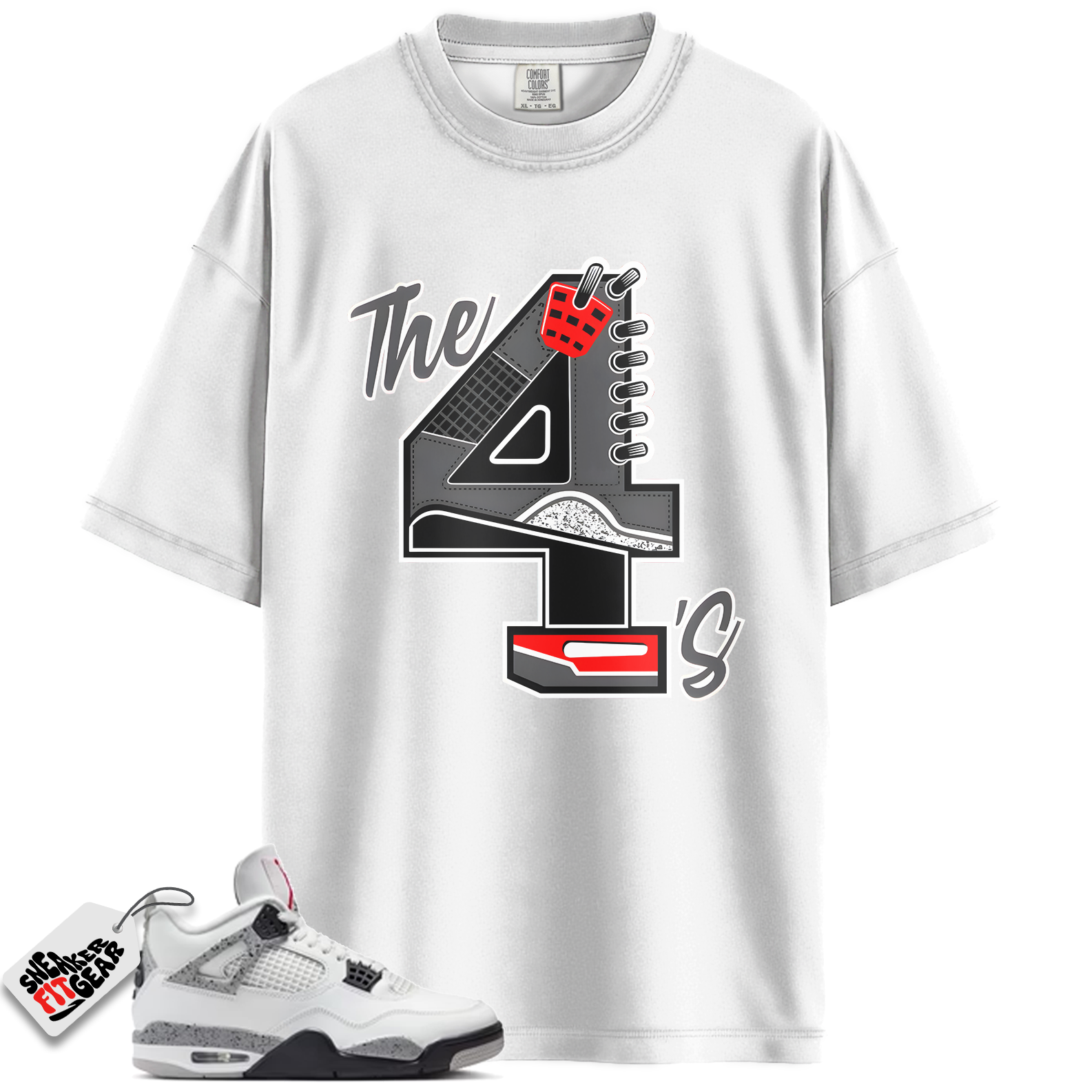 Jordan 4 Retro White Cement (2025) Match Shirts, The 4s Red-Sneaker Black T-Shirt To Match Jordan 4 Retro White Cement (2025)
