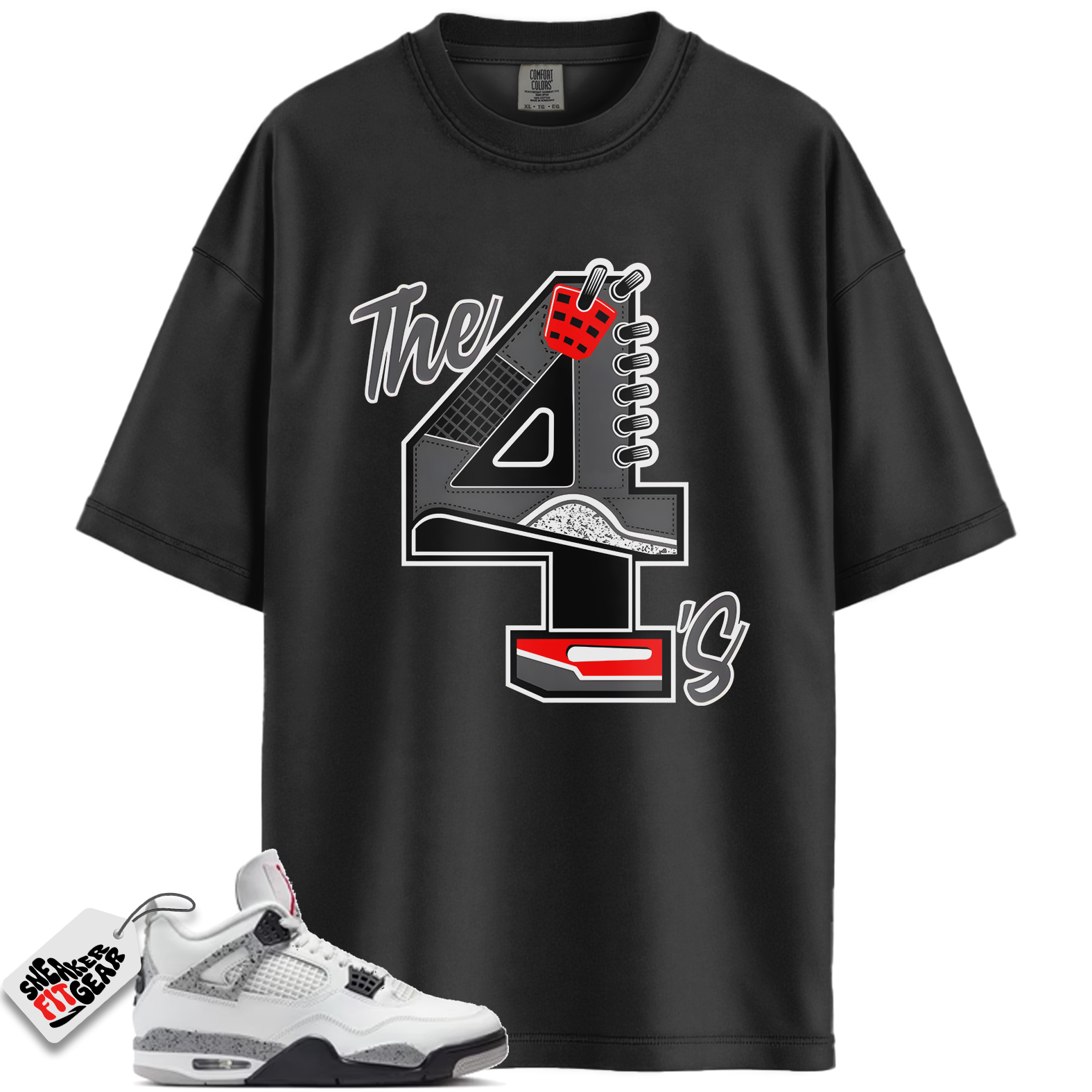 Jordan 4 Retro White Cement (2025) Match Shirts, The 4s Red-Sneaker Black T-Shirt To Match Jordan 4 Retro White Cement (2025)