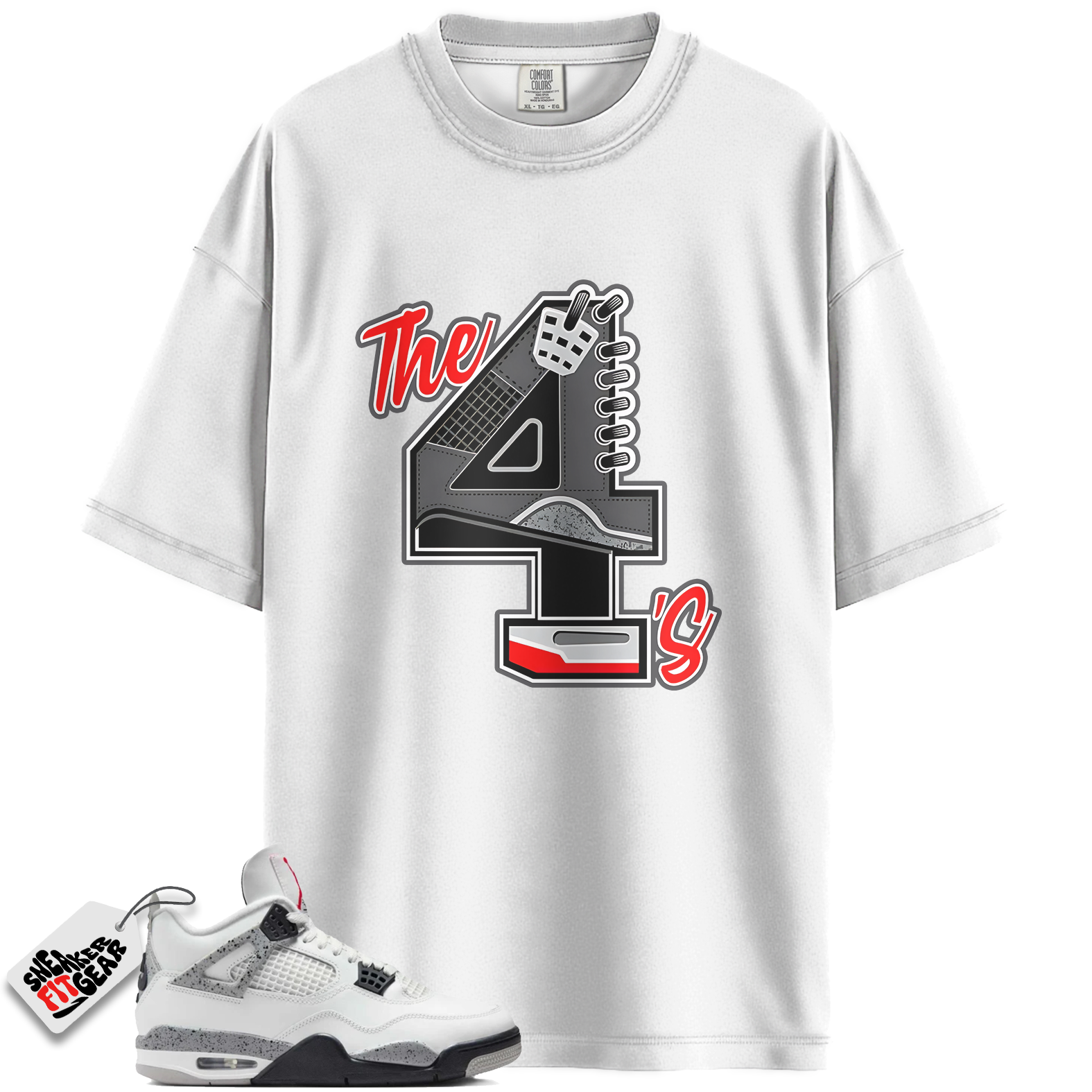 Jordan 4 Retro White Cement (2025) Match Shirts, The 4s Red-Sneaker Black T-Shirt To Match Jordan 4 Retro White Cement (2025)