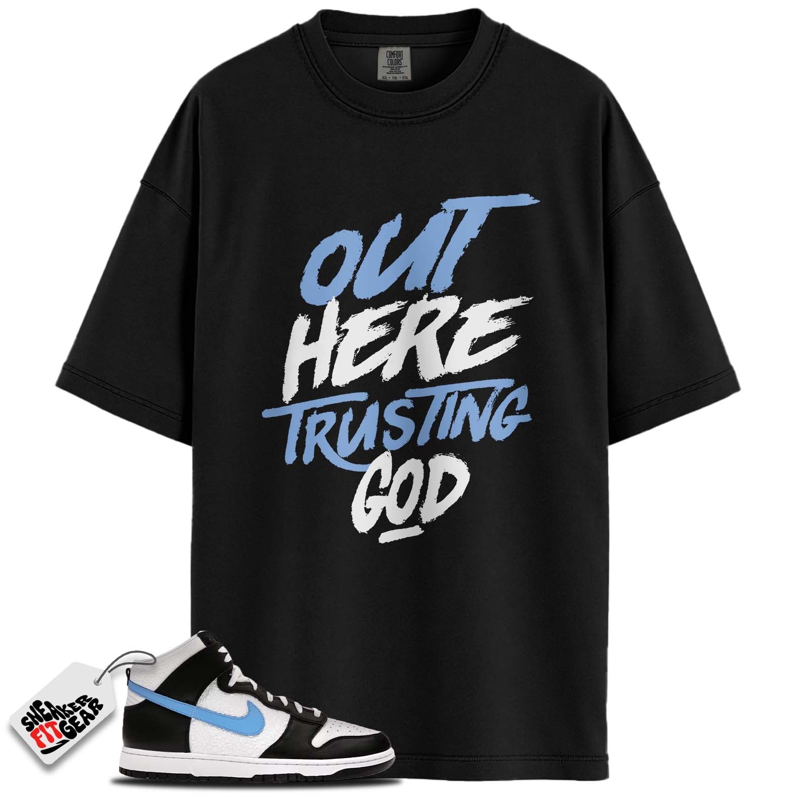 Dunk High Retro FLC Black University Blue White Match Shirts, TRUSTING GOD To Match Dunk High Retro FLC Black University Blue White Main image